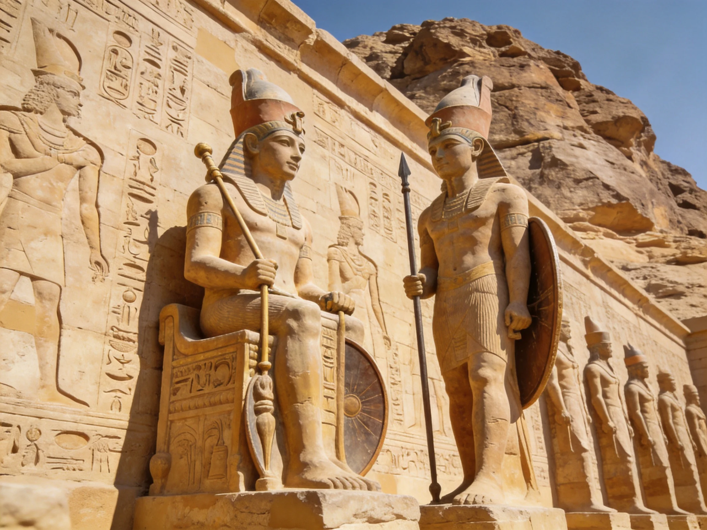 Two ancient Egyptian statues beside a carved hieroglyphic stone wall