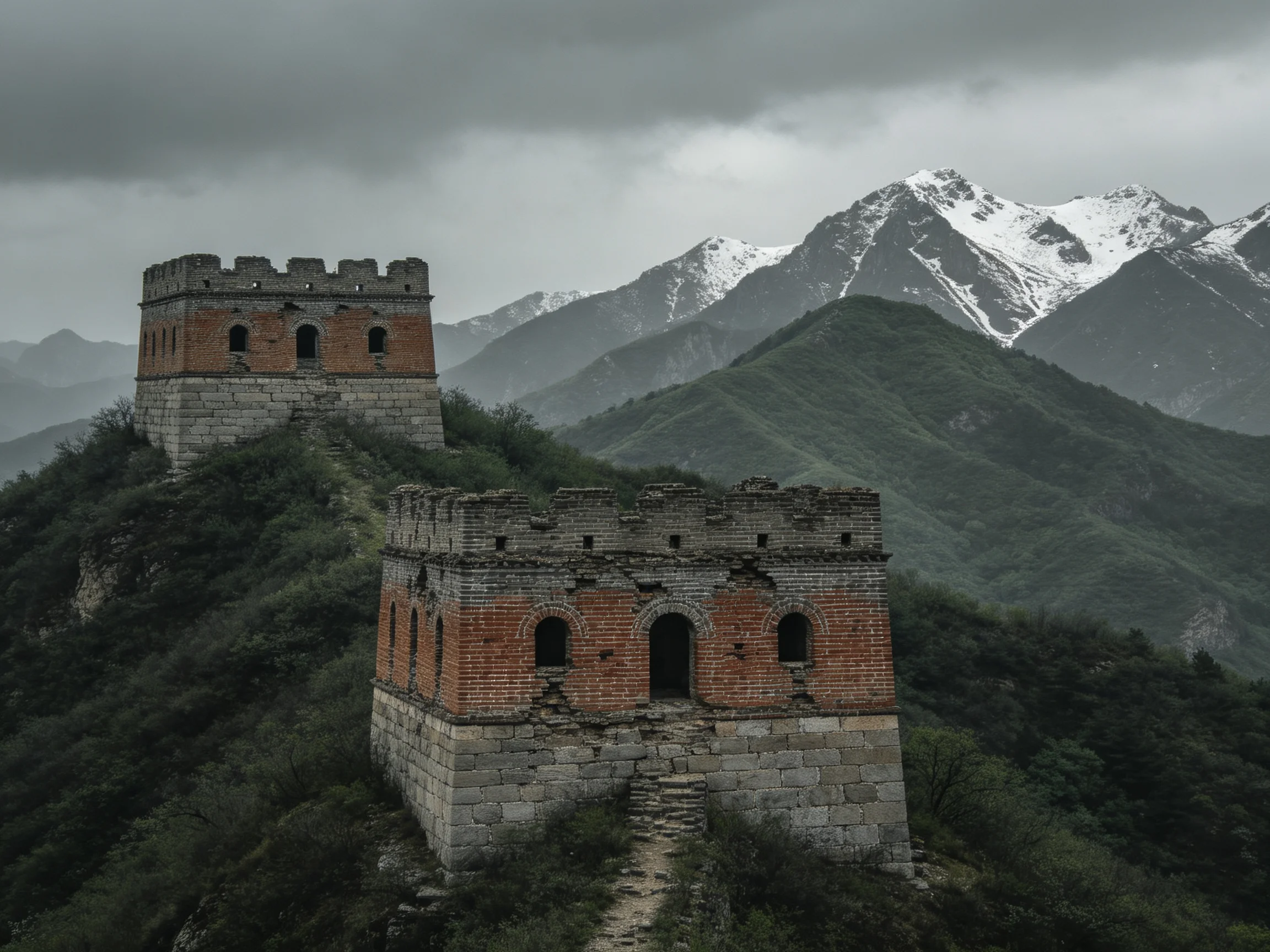 Two ancient brick watchtowers stand amid lush green hills with snow-capped mountains under a gray sky