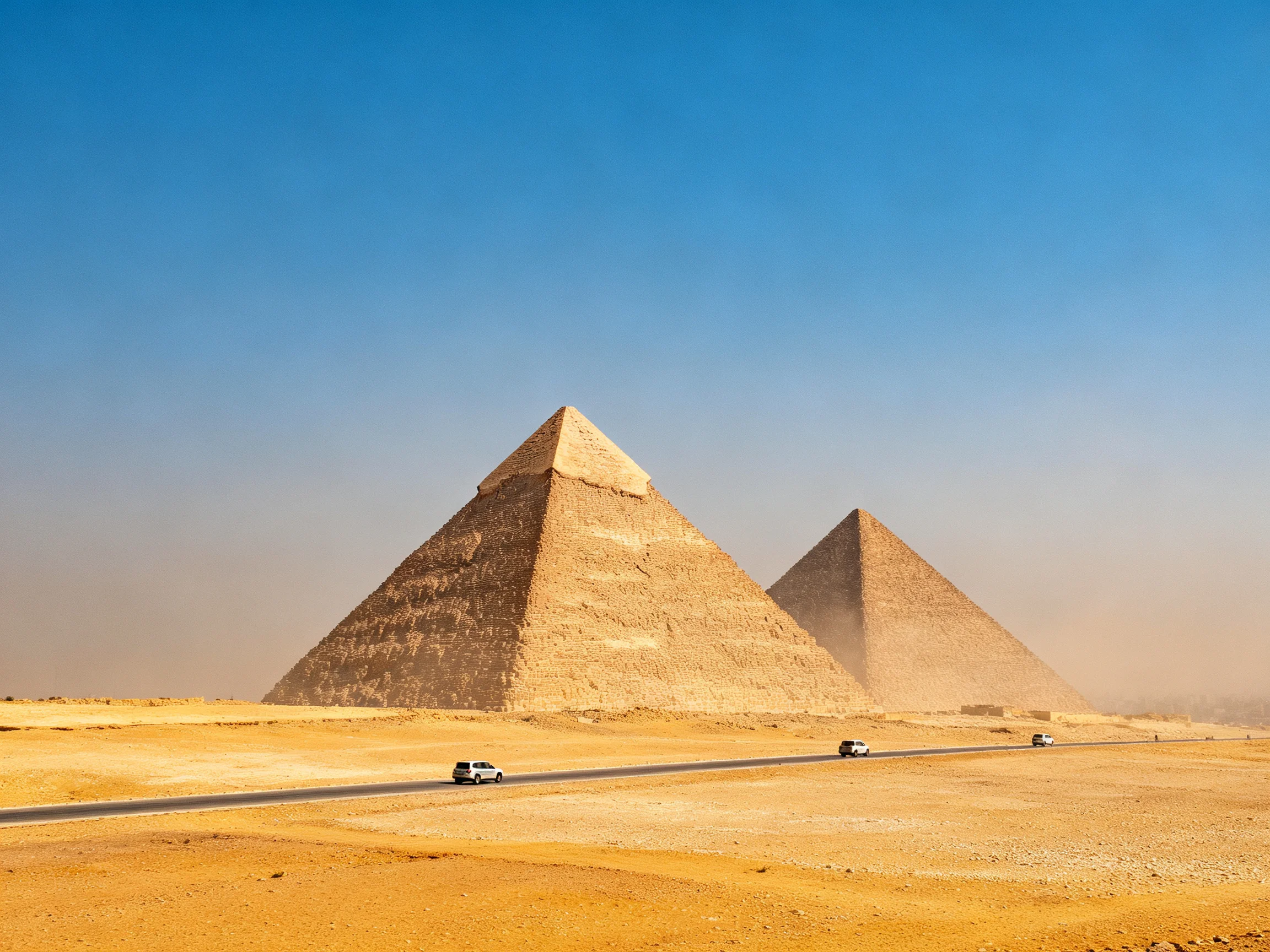 Two ancient pyramids tower over golden desert with clear blue sky