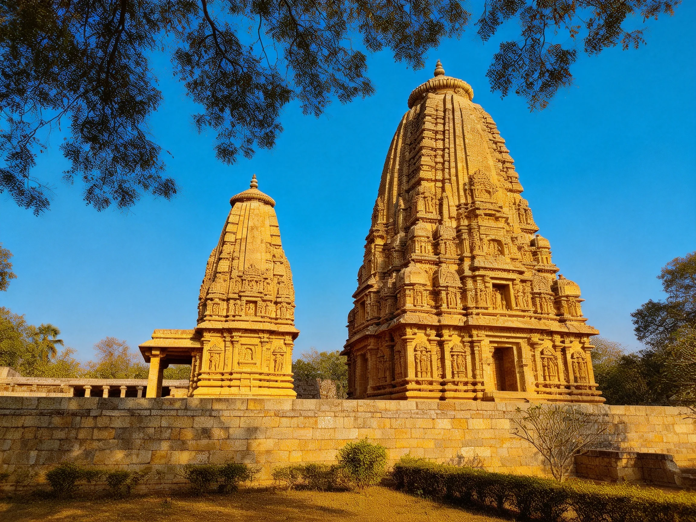 Two ancient sandstone temples with intricate carvings under clear blue sky