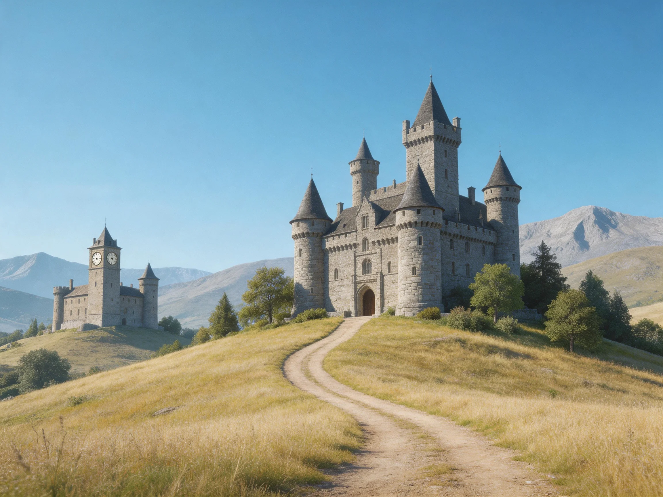 Two ancient stone castles stand on grassy hills near mountains