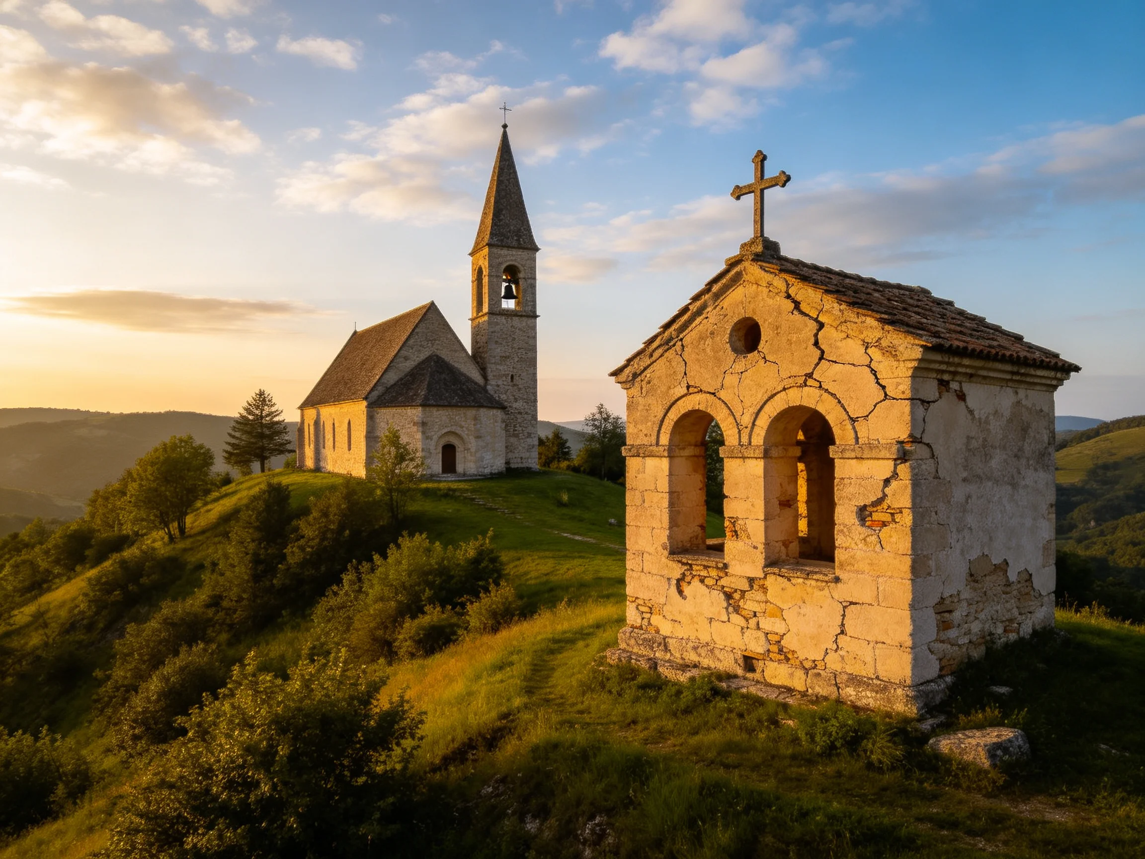 Two ancient stone churches atop a sunlit hillside with rolling green hills