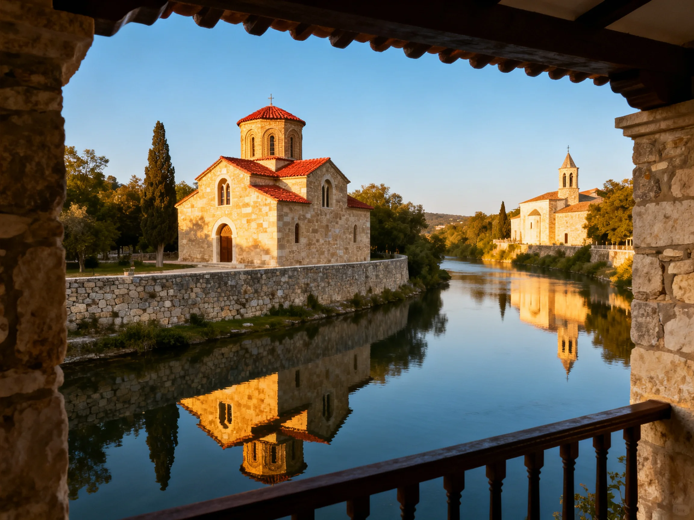 Two ancient stone churches reflect in serene river waters