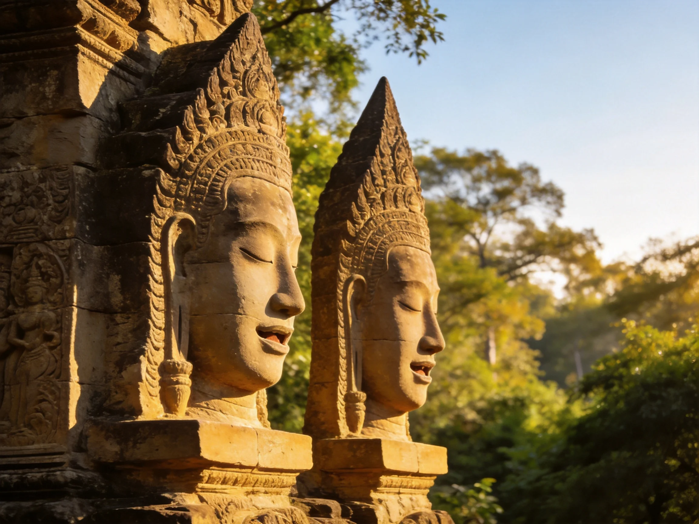 Two ancient stone deity heads with ornate headdresses in golden light