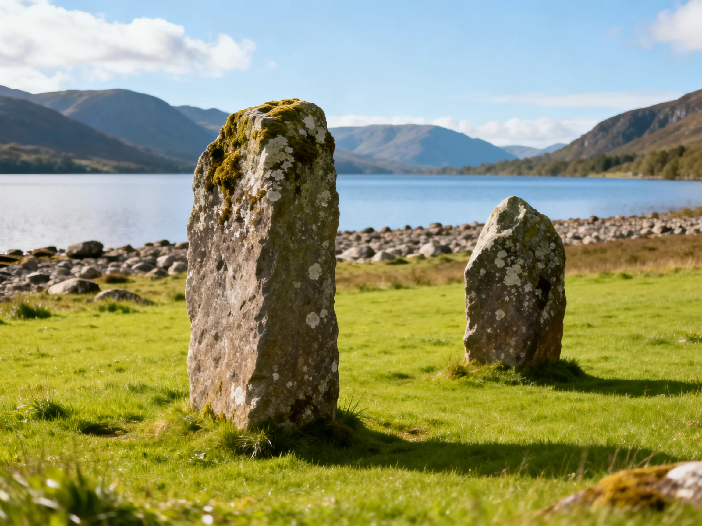 Two ancient stone monuments sit on lush green grass beside a calm blue lake