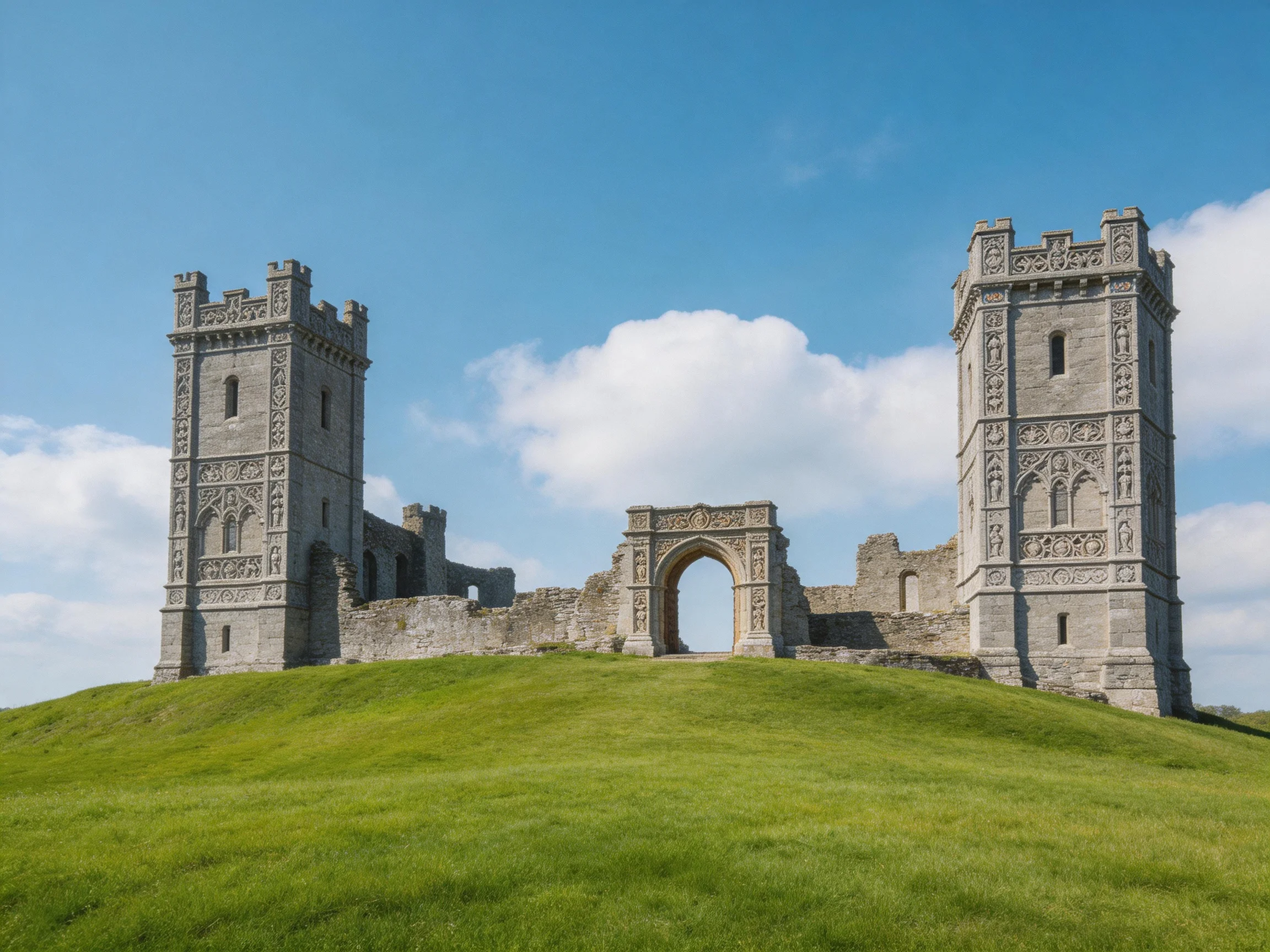 Two ancient stone towers atop a lush green hill under clear blue sky