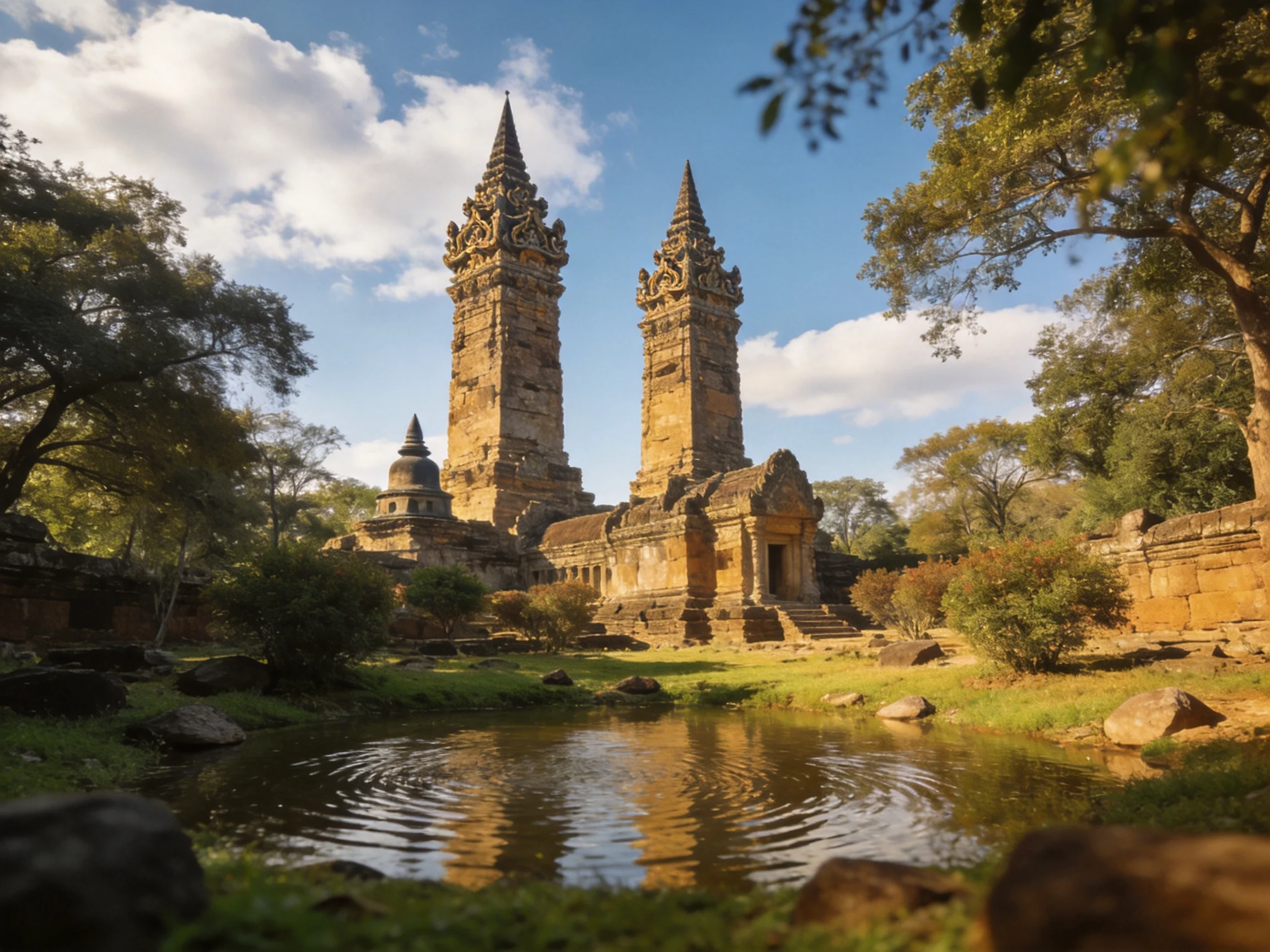 Two ancient stone towers near a reflective pond in lush surroundings