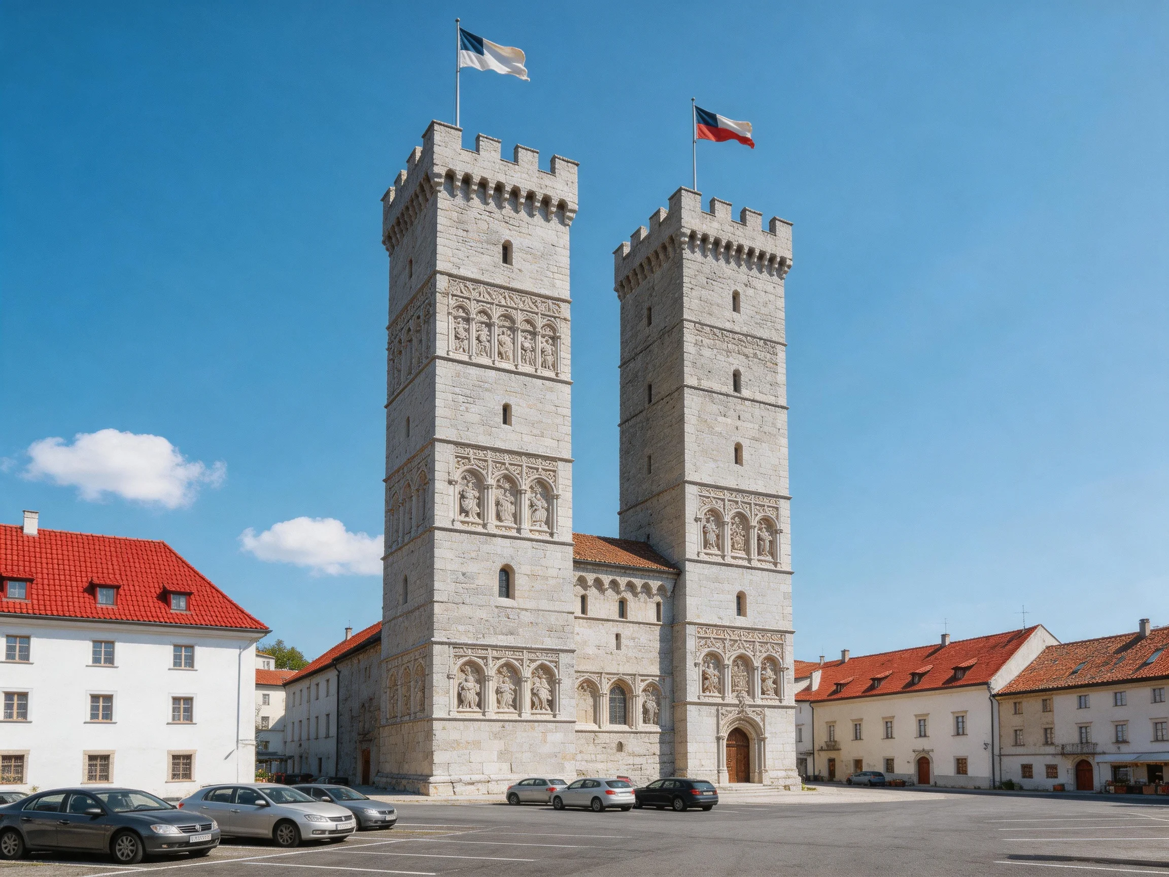 Two ancient stone towers with flags beside red-roofed buildings