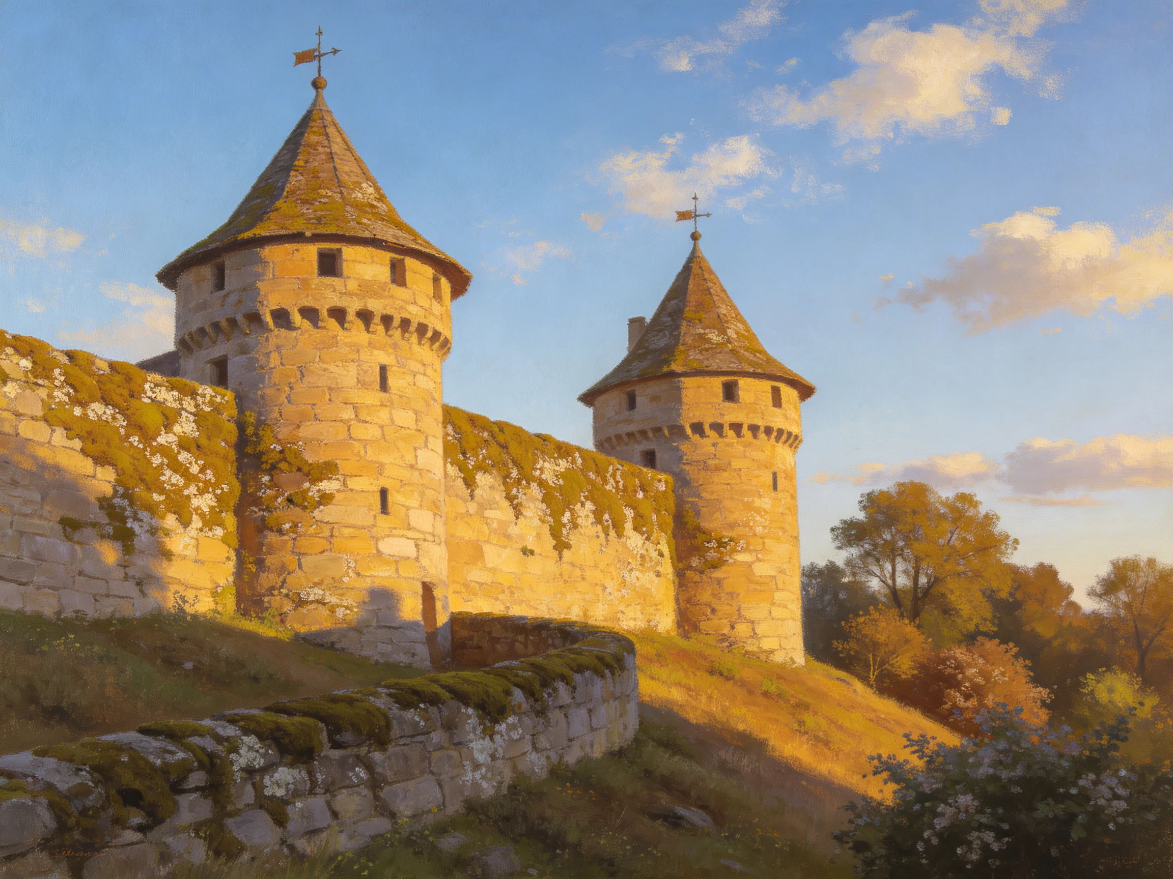 Two ancient stone towers with moss-covered fortifications under golden sunlight