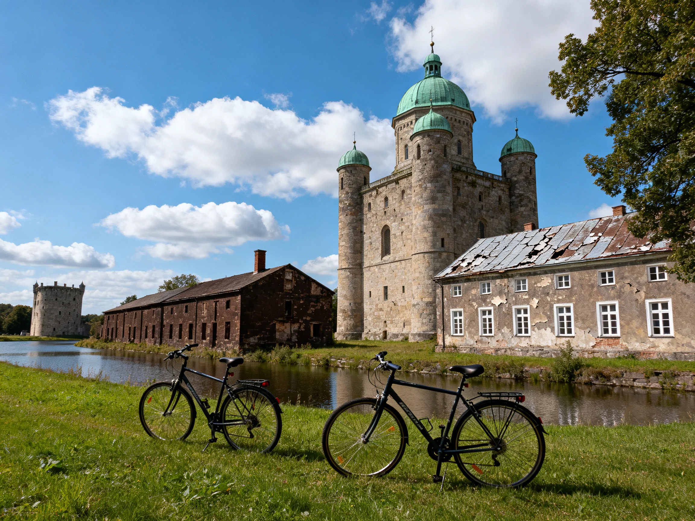 Two bicycles near historic stone structures with green domes by a calm waterway