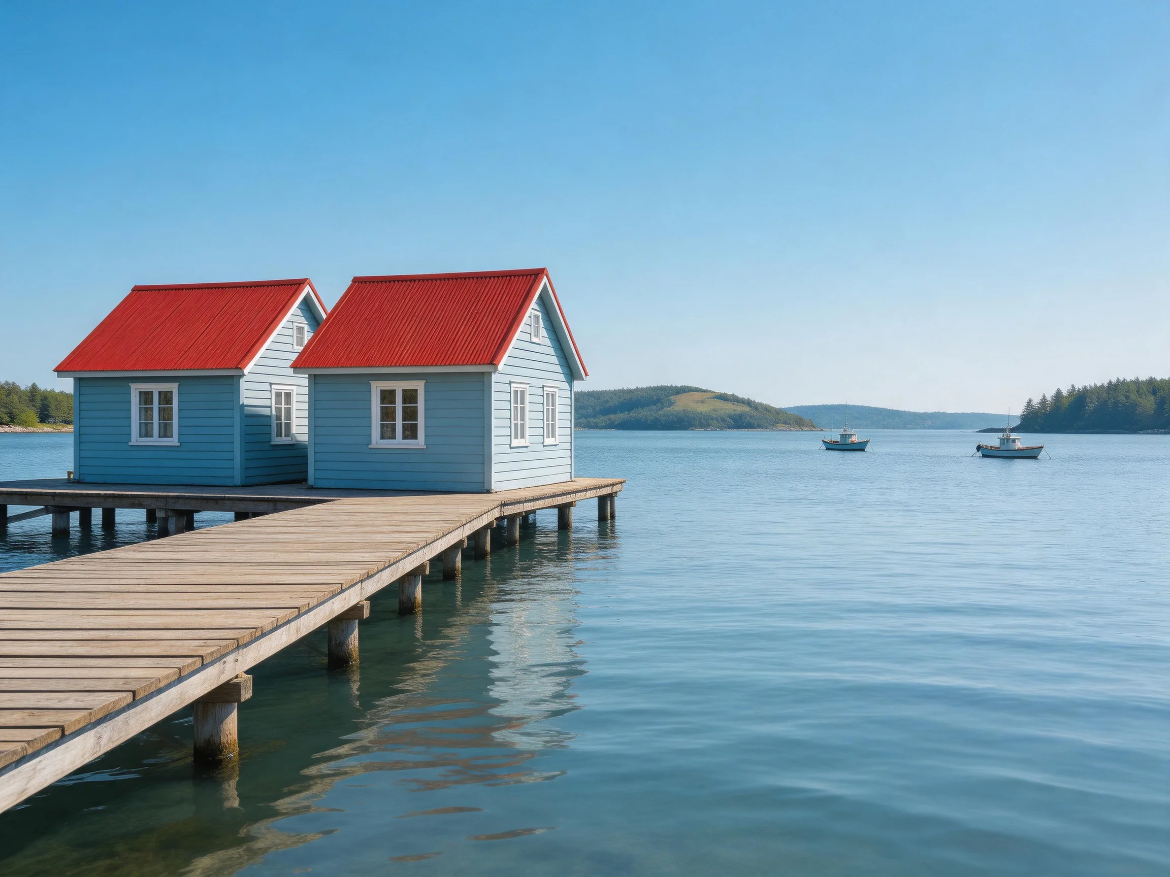 Two blue cabins with red roofs on a wooden dock over calm water