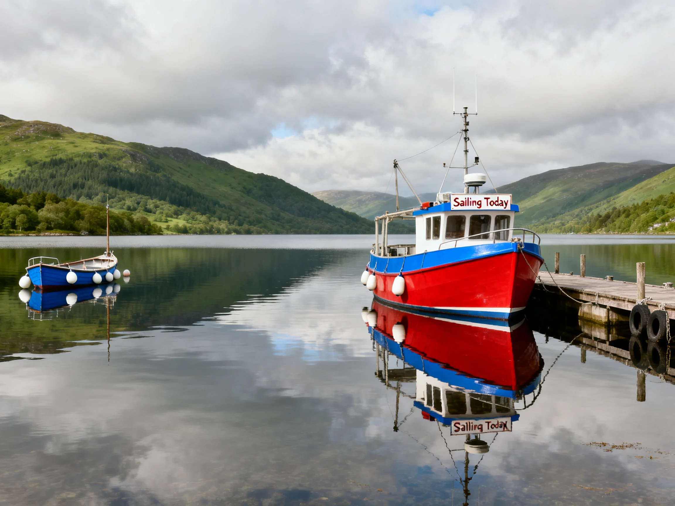 Two boats moored on calm lake waters beside green hills