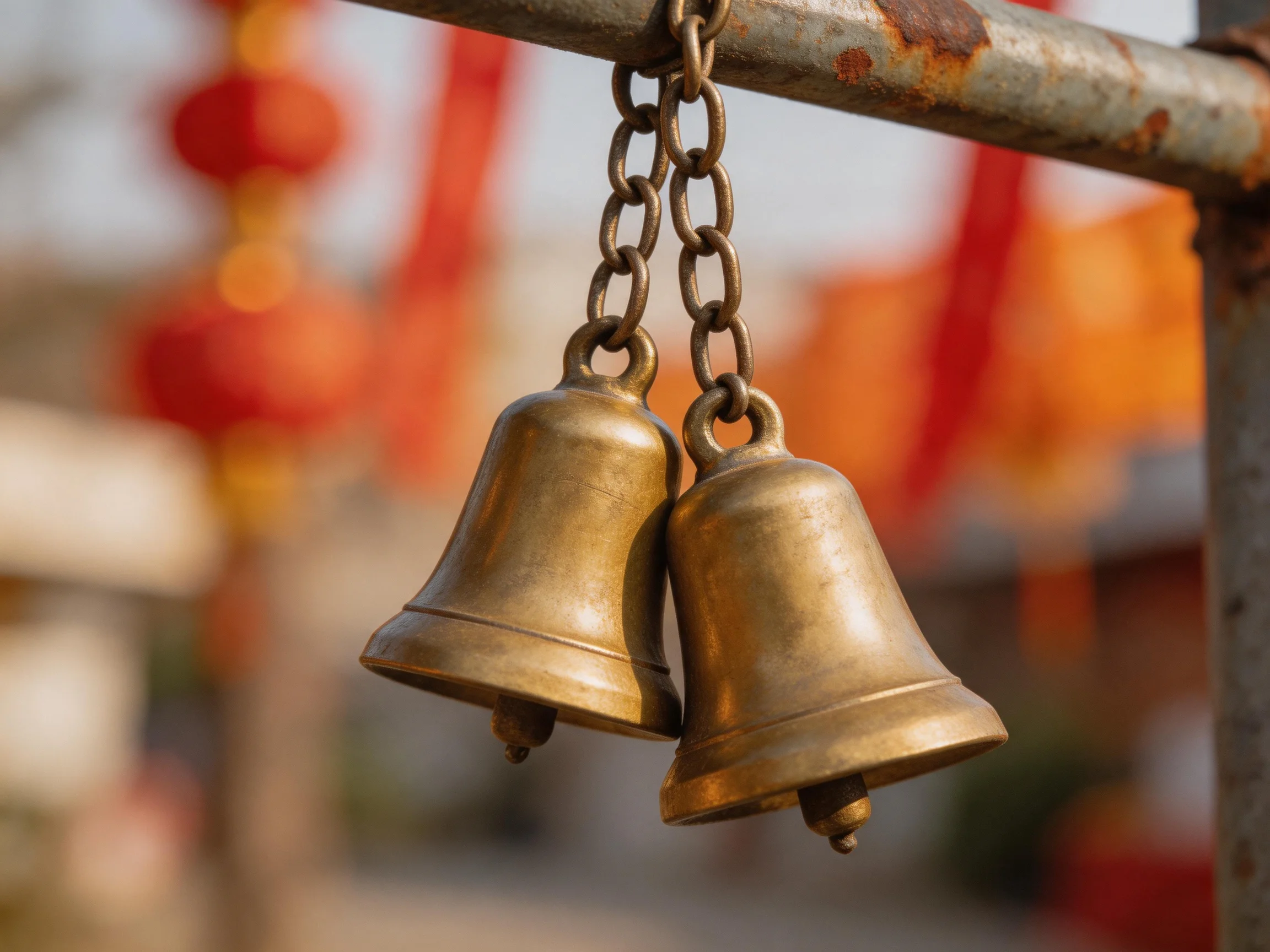 Two brass bells hang from a rusted metal bar with red lanterns blurred behind