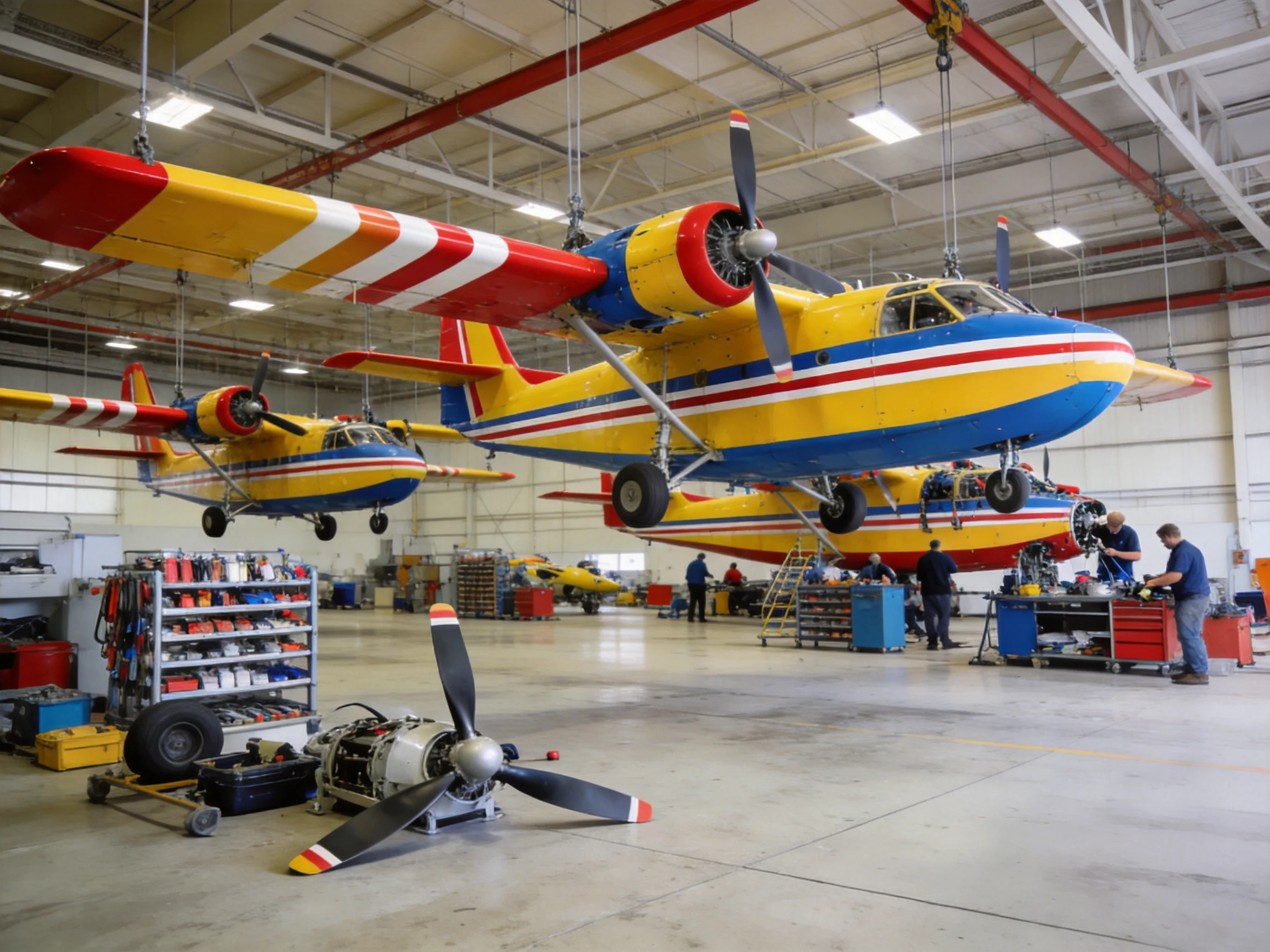 Two brightly colored seaplanes being serviced in a spacious hangar