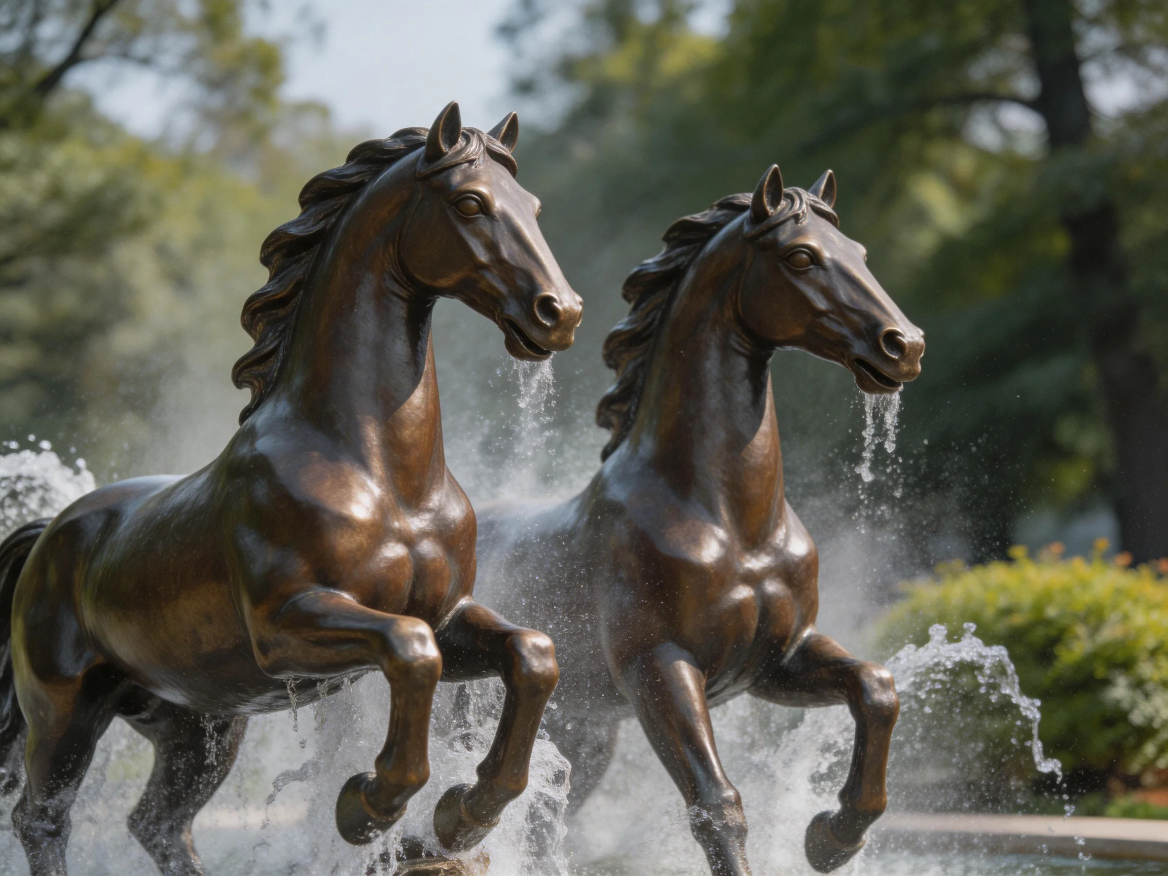 Two bronze horse statues leaping near splashing water