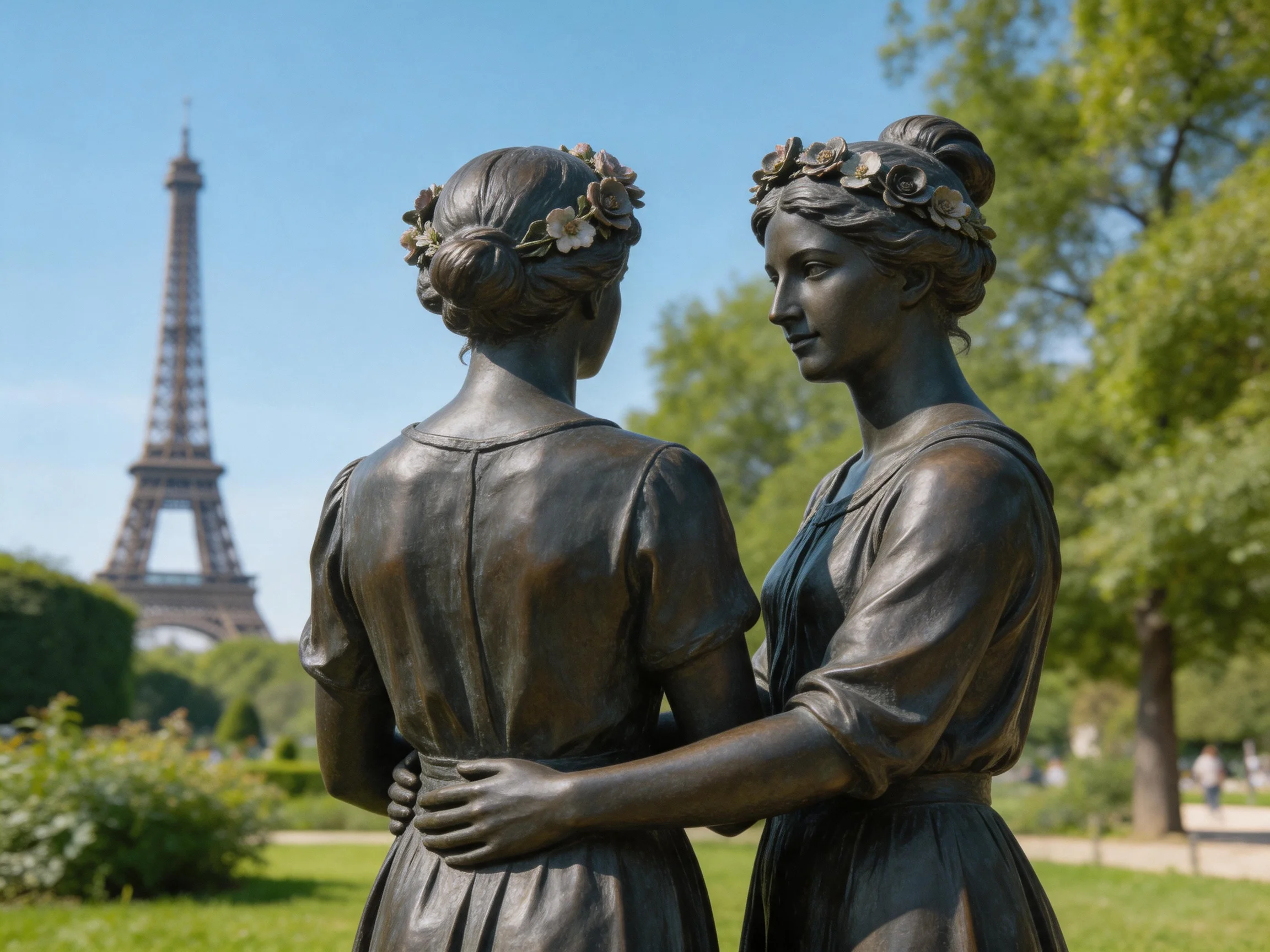 Two bronze statues of women near the Eiffel Tower in a lush park