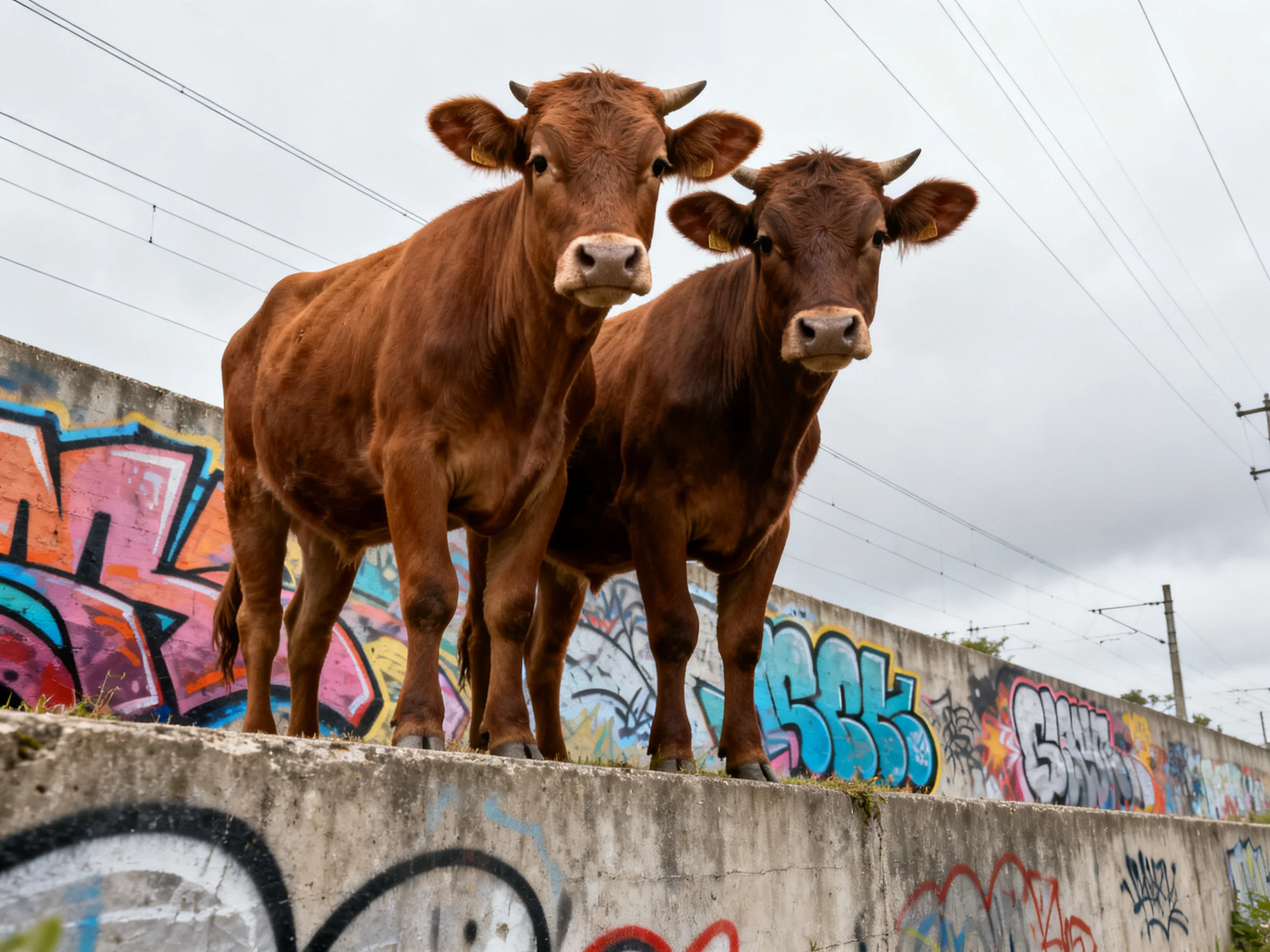 Two brown cows stand atop a colorful graffiti-covered concrete barrier