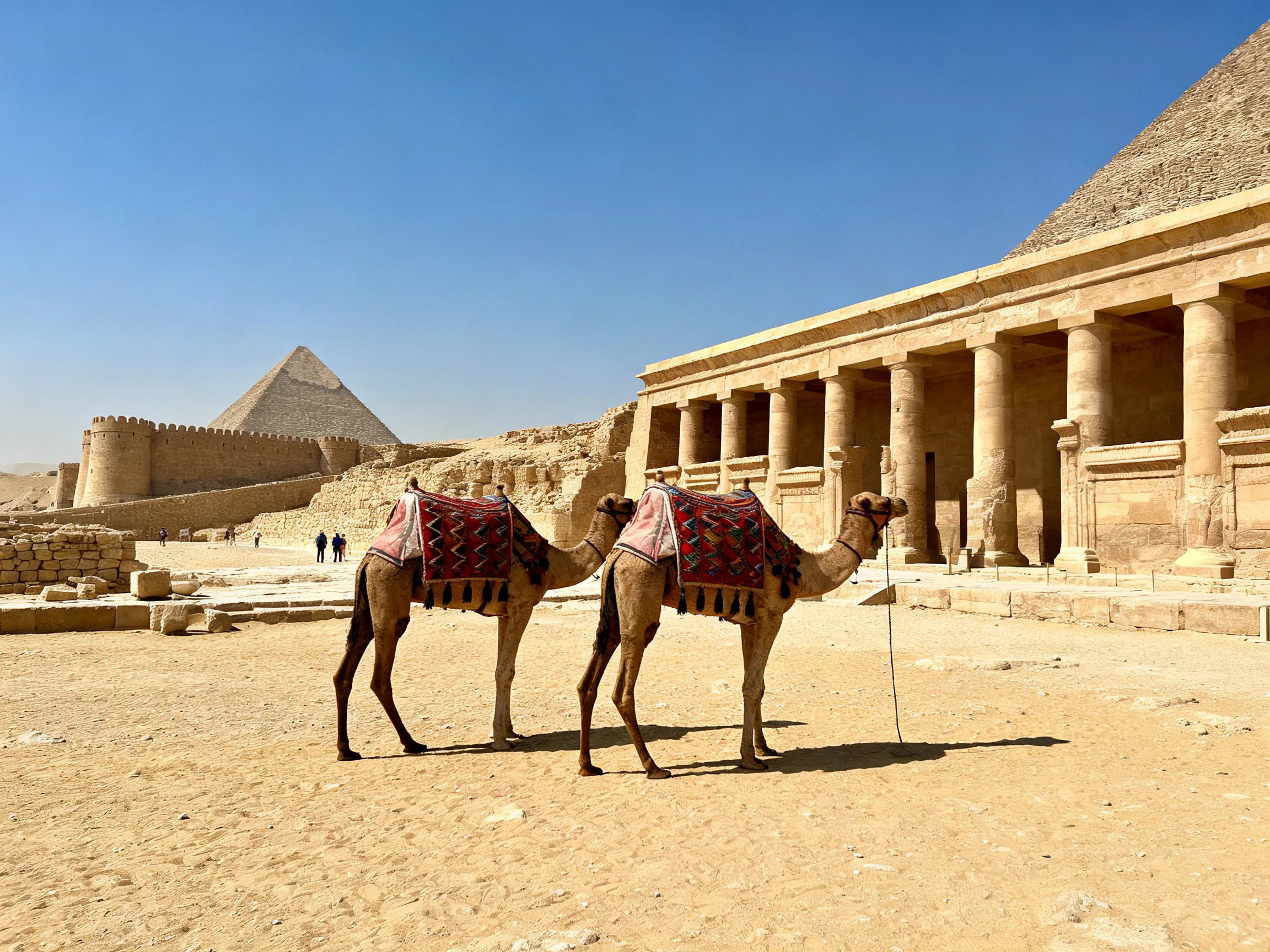 Two camels near ancient Egyptian temple ruins with pyramids