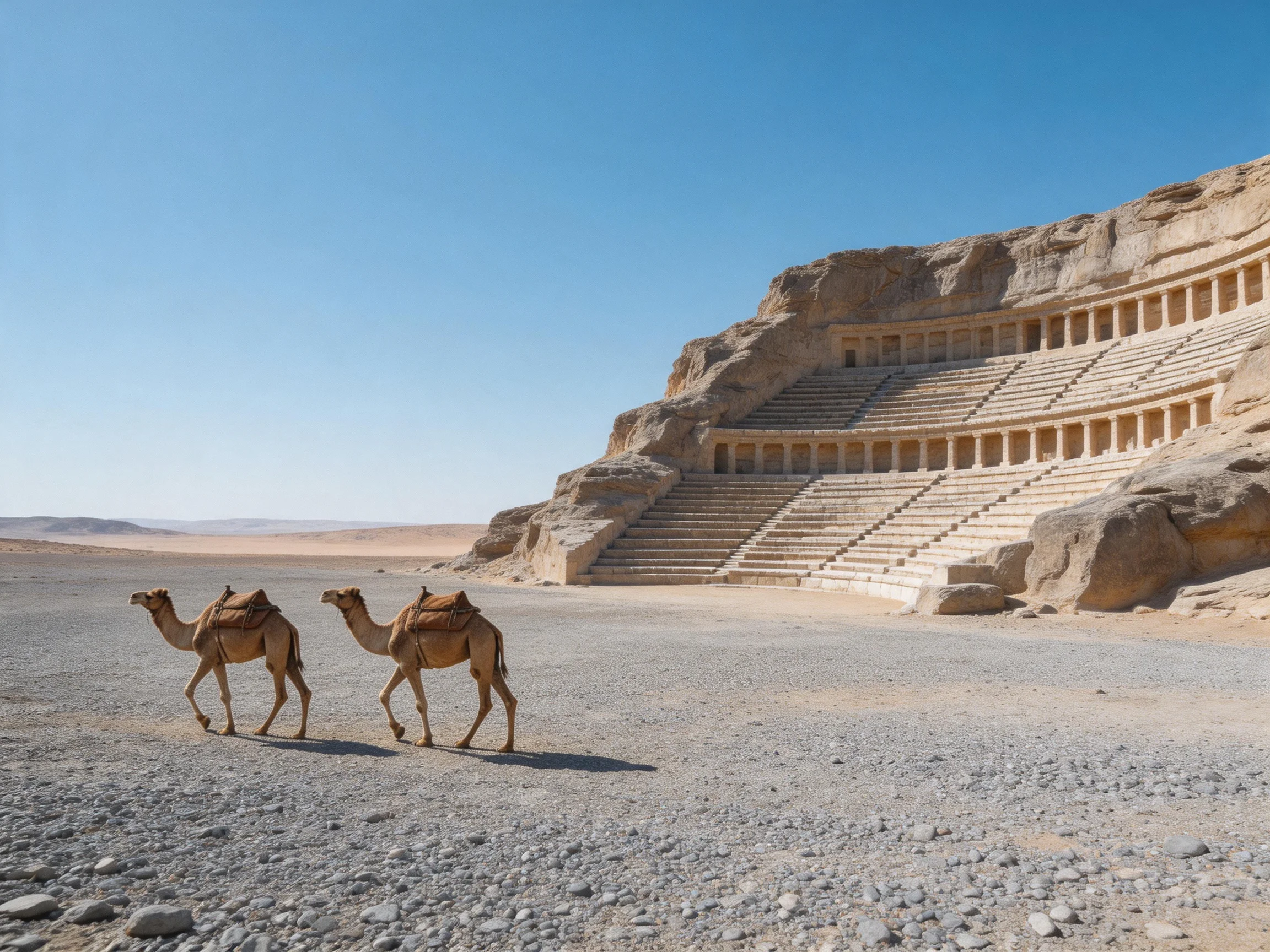 Two camels walk near an ancient stone amphitheater in a sandy desert