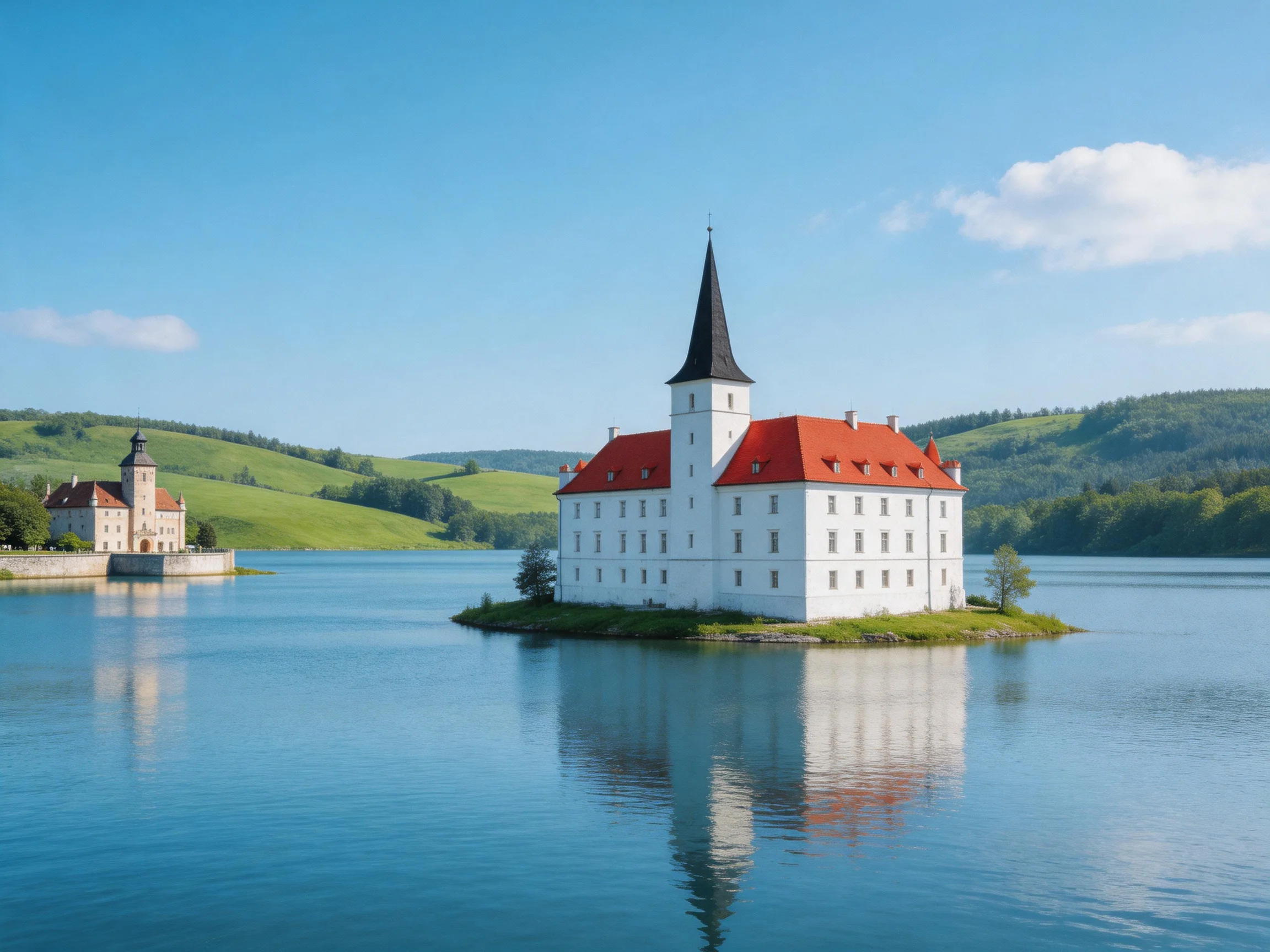 Two castles on islands: white castle with red roof, by calm blue waters, green hills