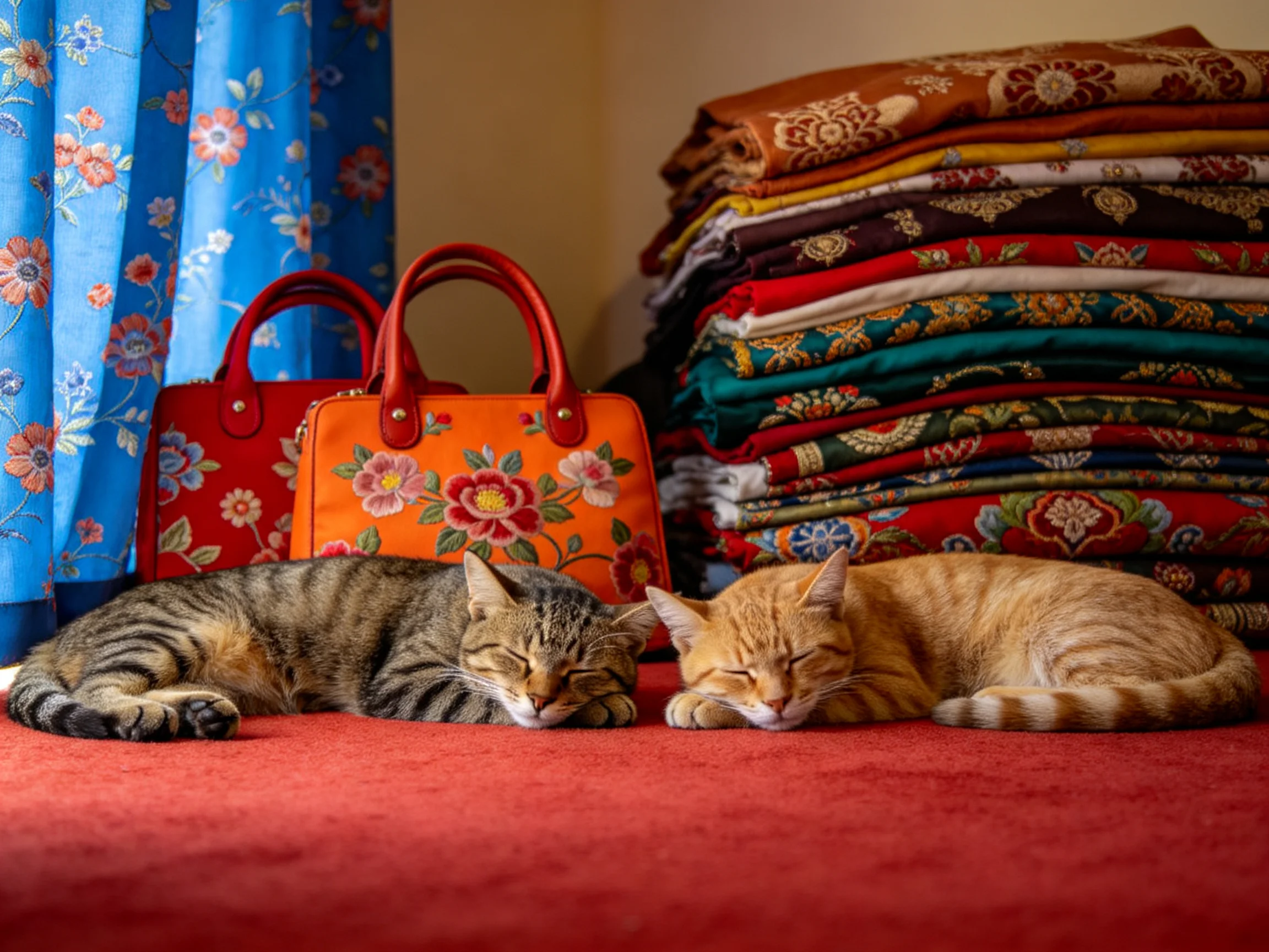 Two cats rest beside colorful handbags and patterned fabric stacks