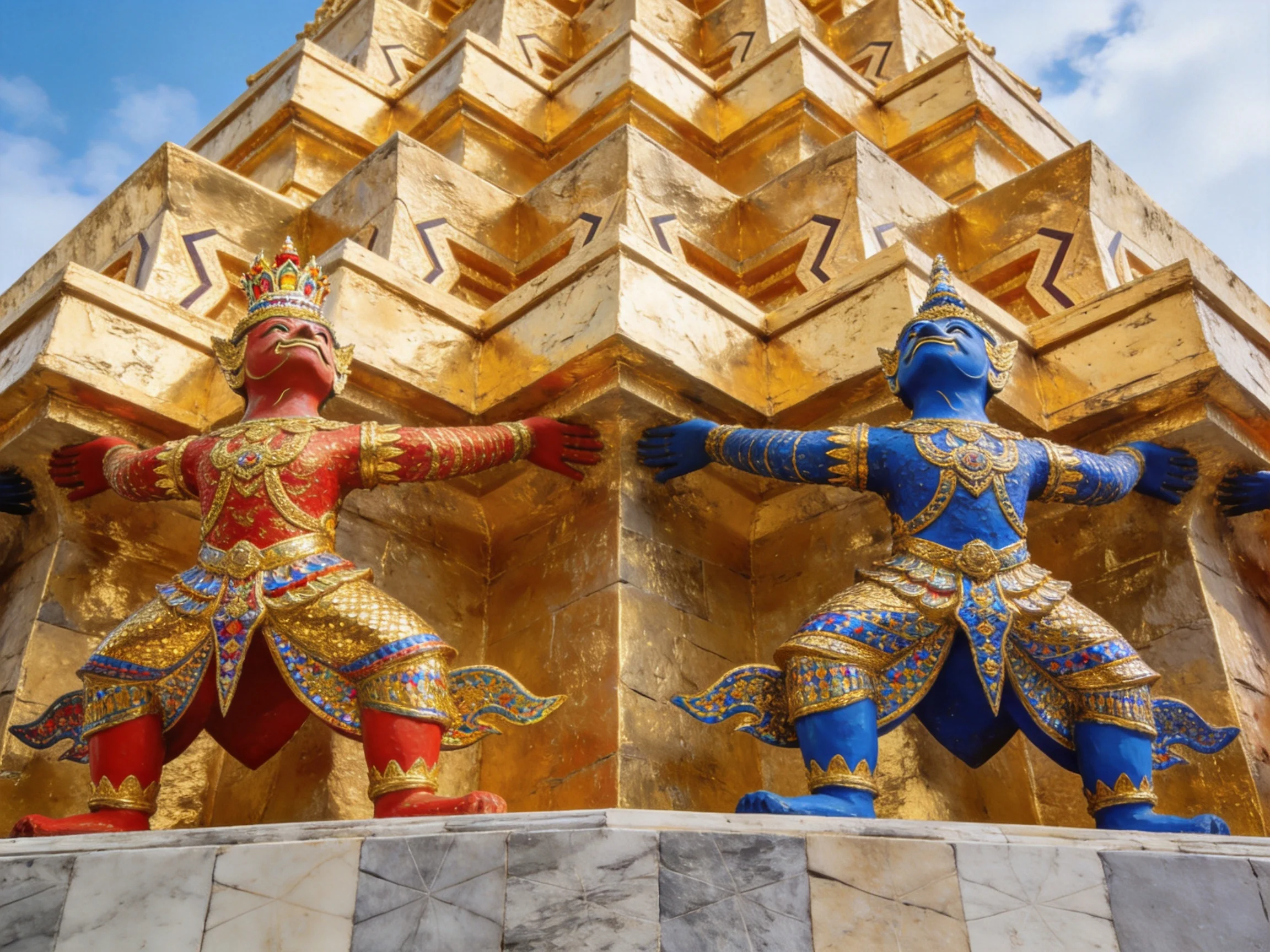 Two colorful guardian statues flanking a grand gilded temple structure