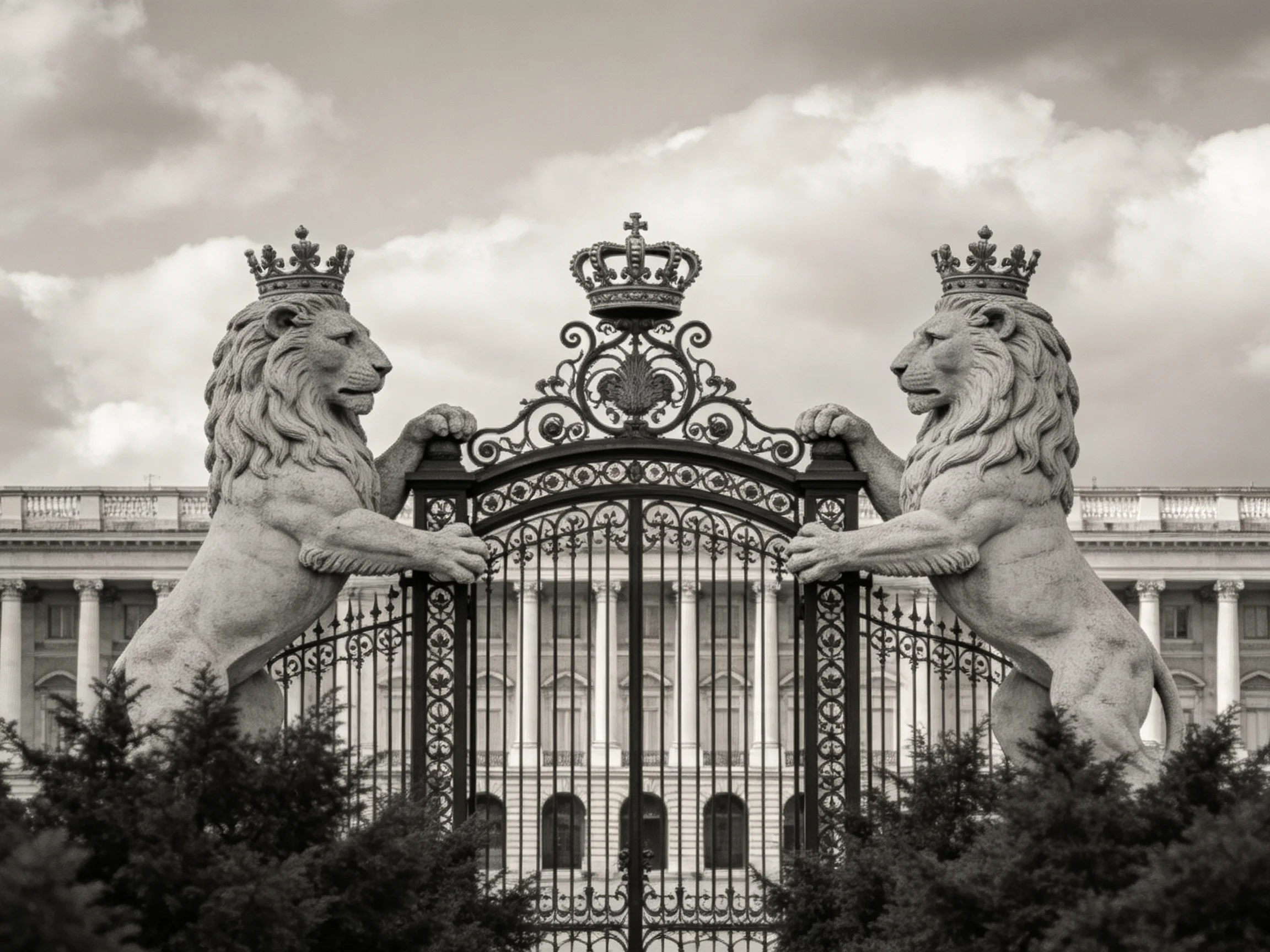 Two crowned stone lions guard an ornate wrought iron gate beside a grand palace