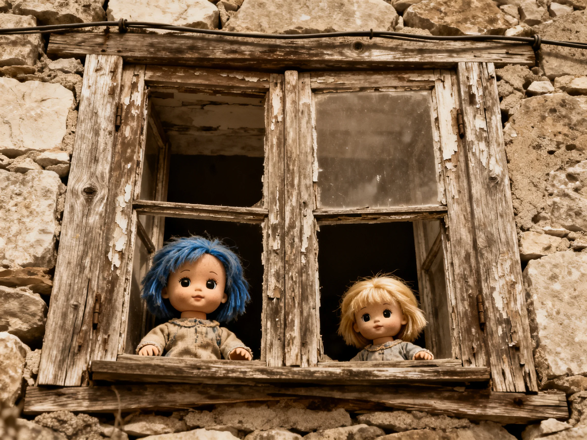 Two dolls with blue and blonde hair peer from a weathered wooden window in a stone wall