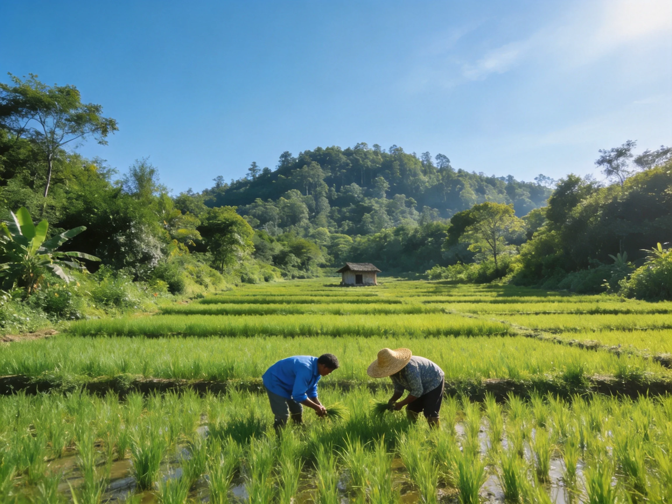 Two farmers tend lush green rice paddies near a wooden hut