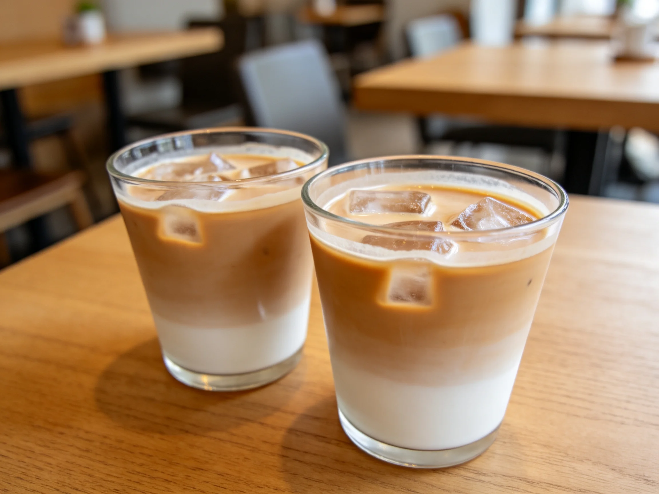 Two glasses of layered iced coffee with ice cubes on a wooden table