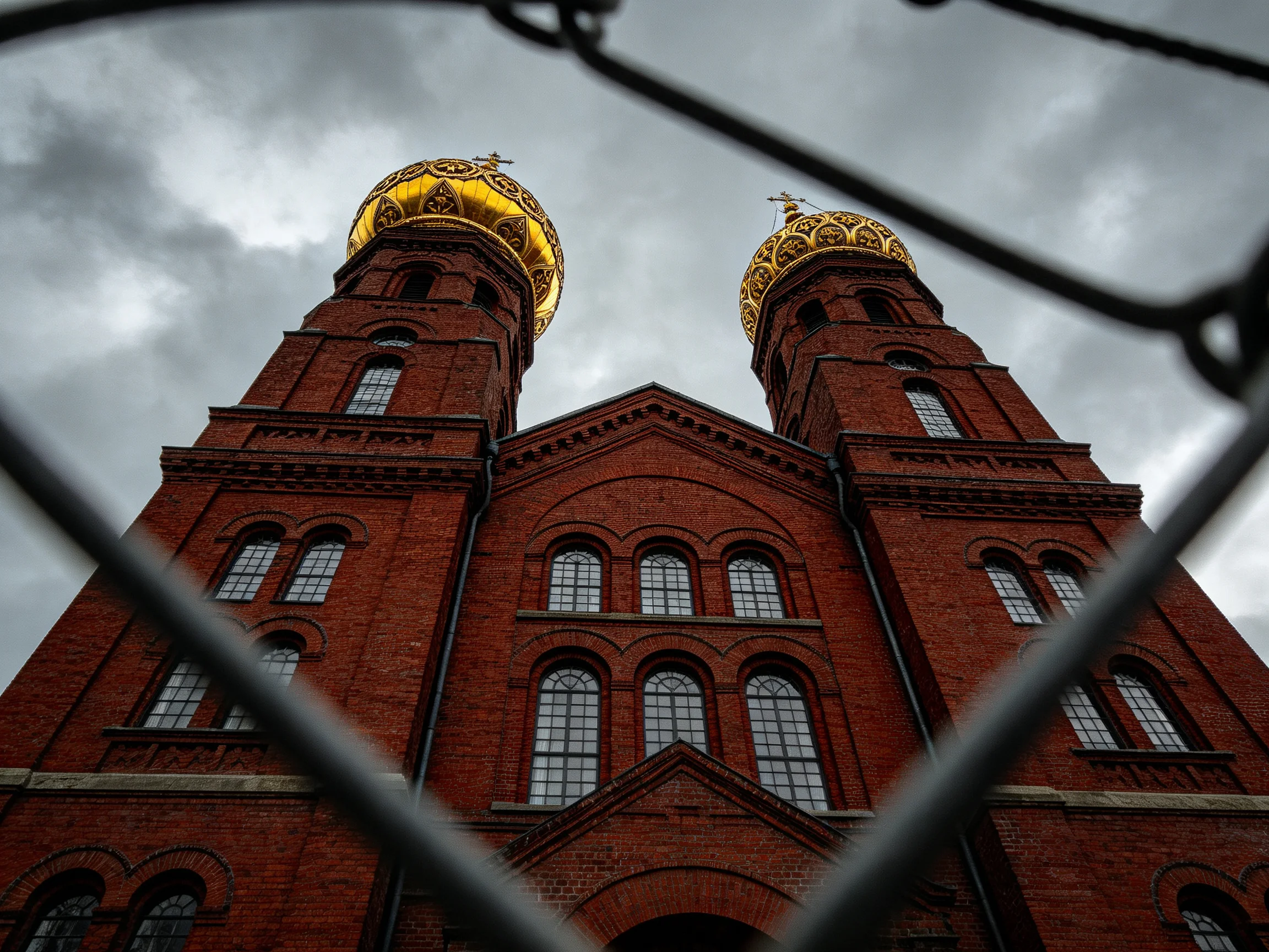 Two golden-domed red-brick towers viewed through chain link fence