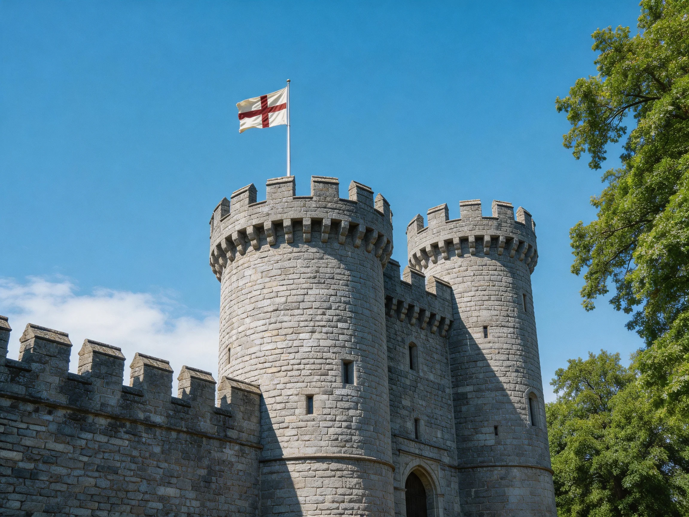 Two gray stone castle towers with a red cross flag, under clear blue sky