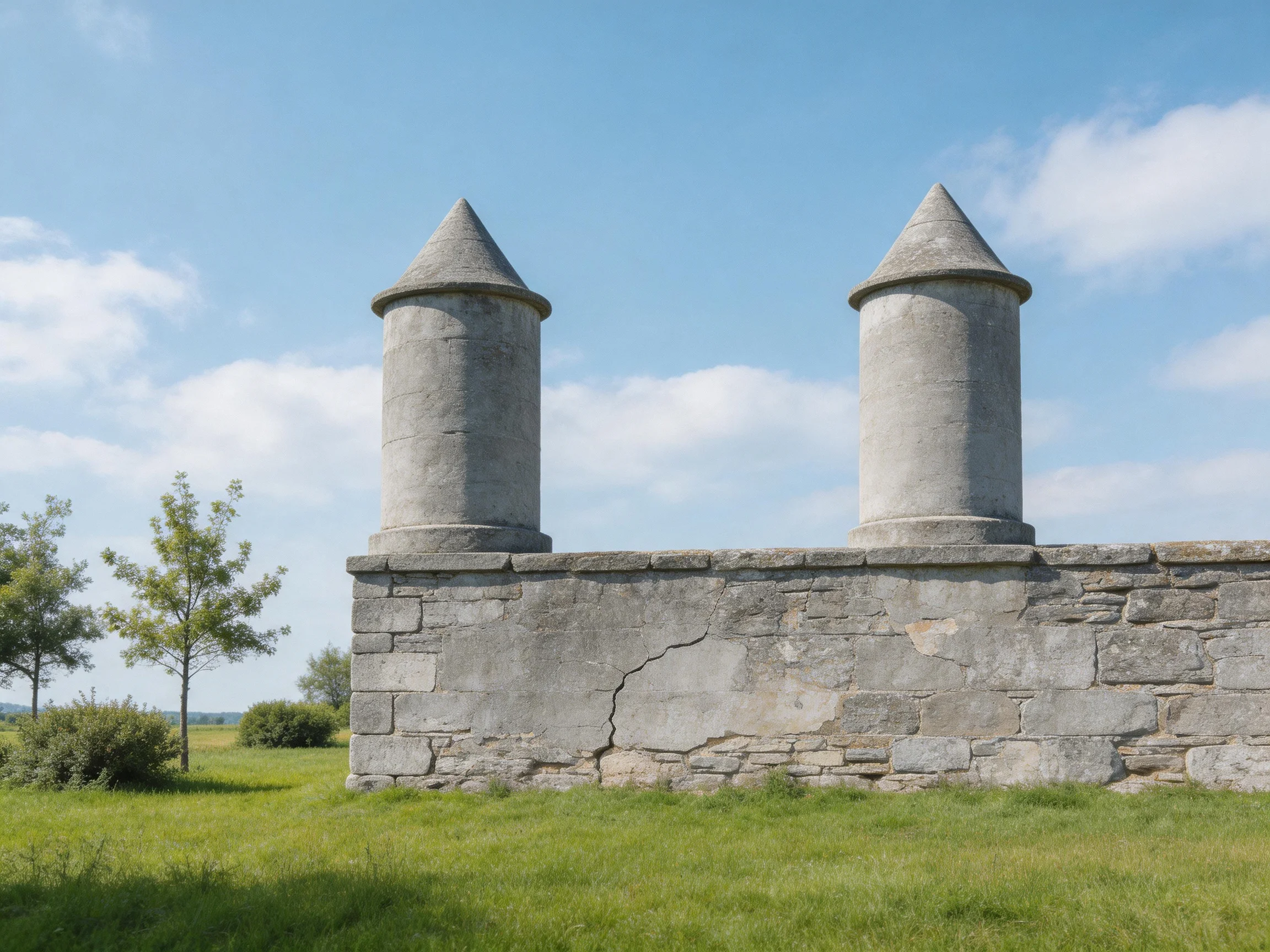 Two gray stone towers atop an ancient stone wall under blue sky