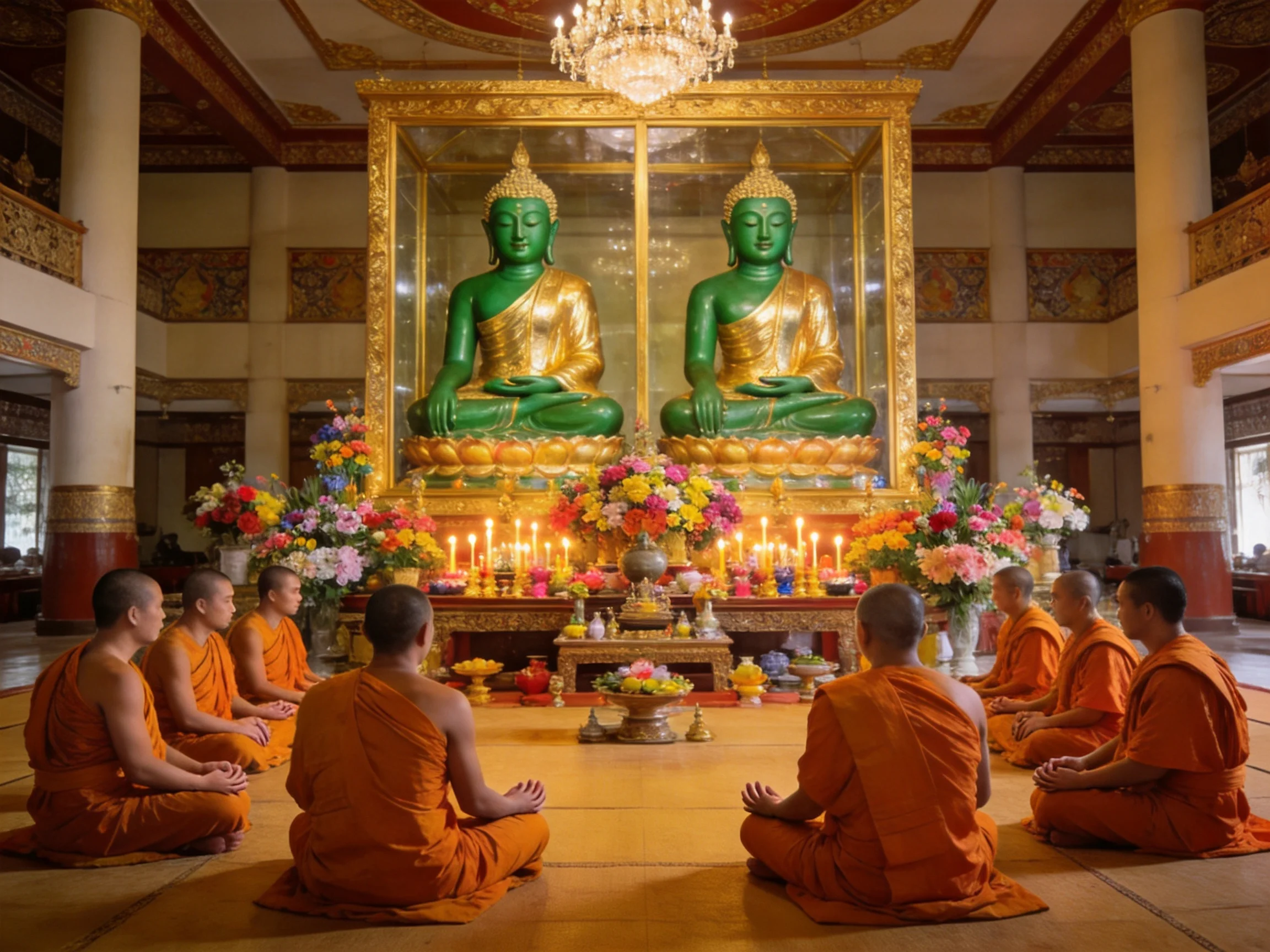 Two green-gold Buddha statues amidst monks and colorful offerings