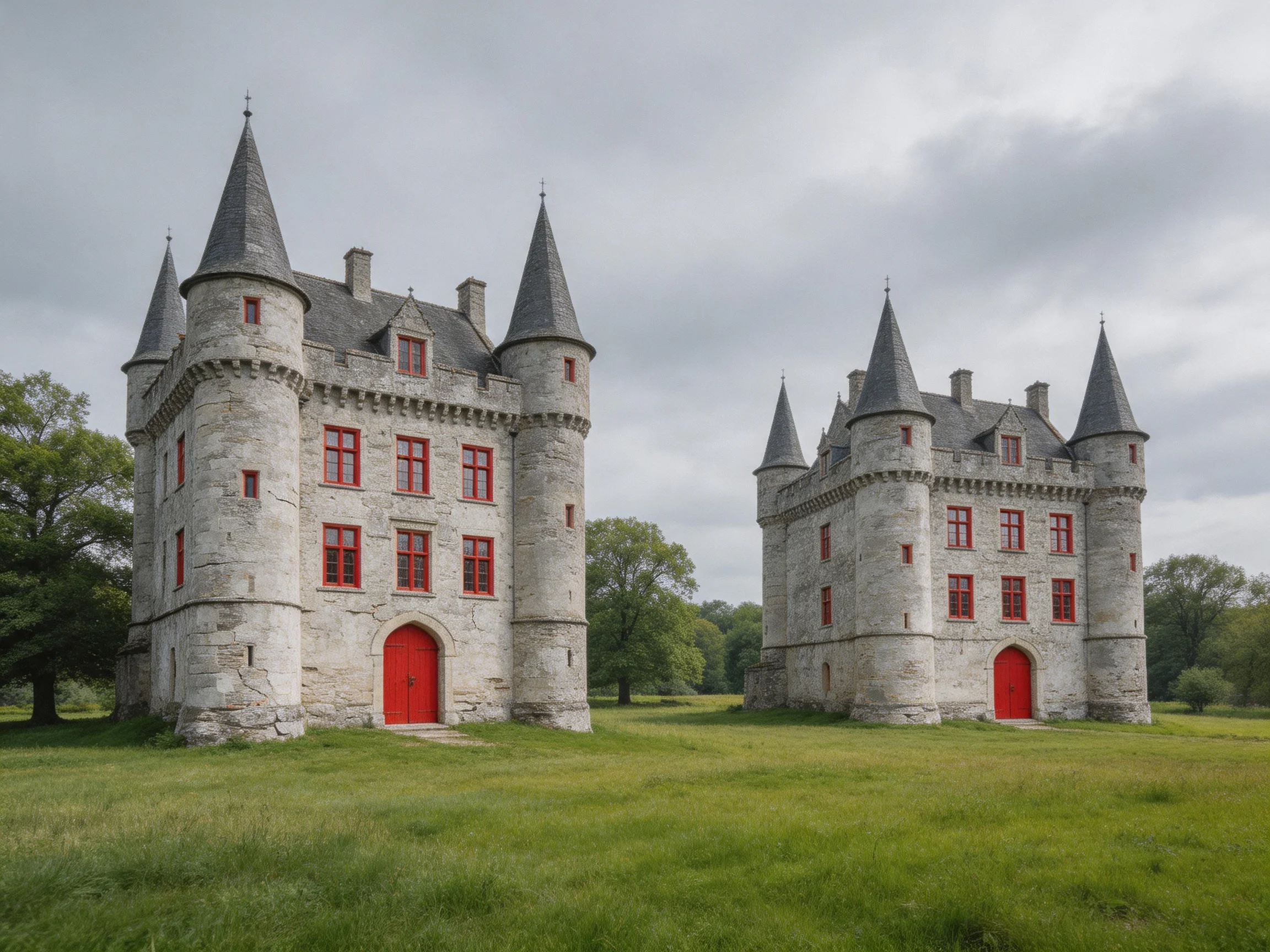 Two historic stone castles with red doors in a green meadow