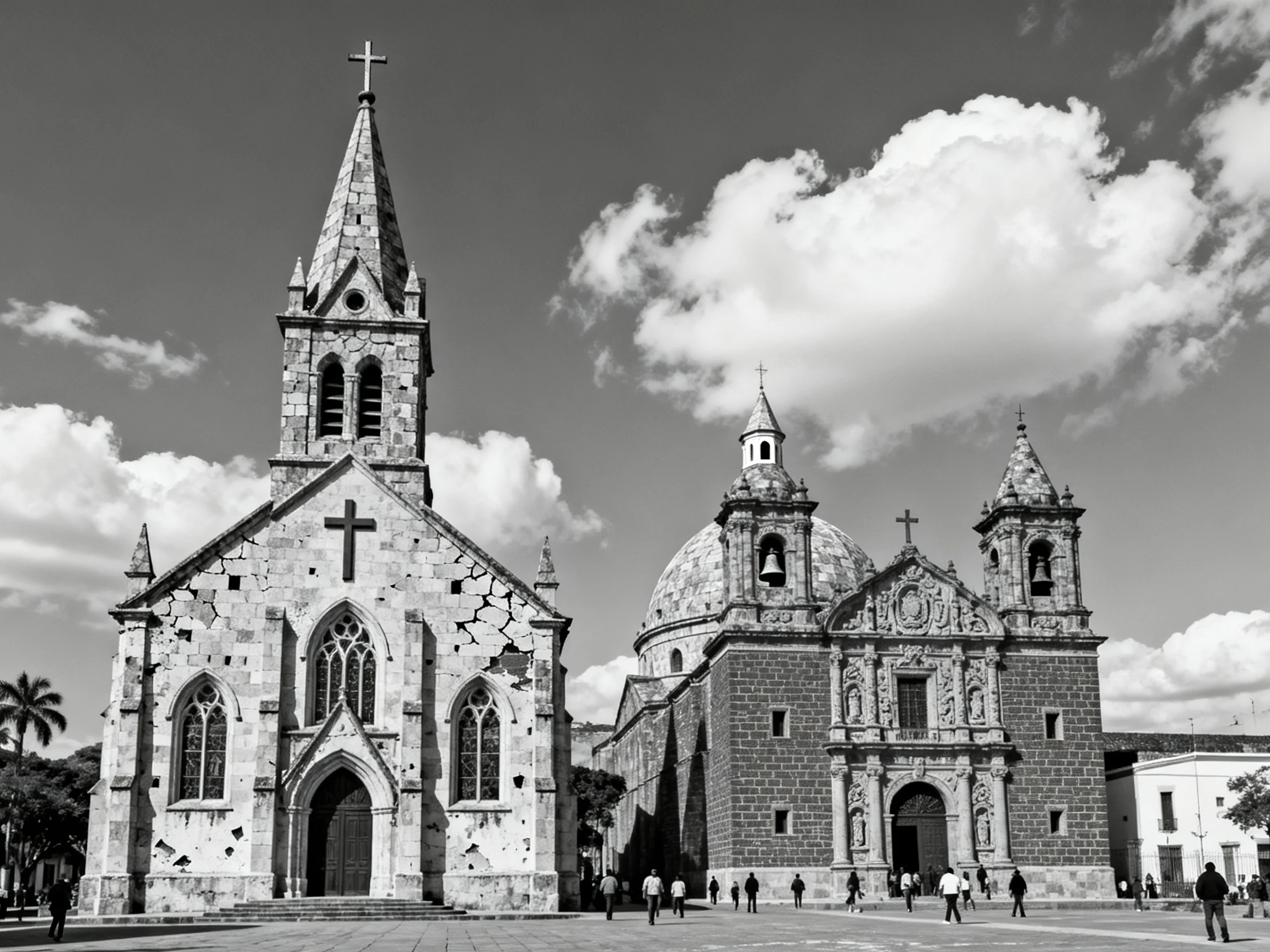 Two historic stone churches with crosses in an open plaza