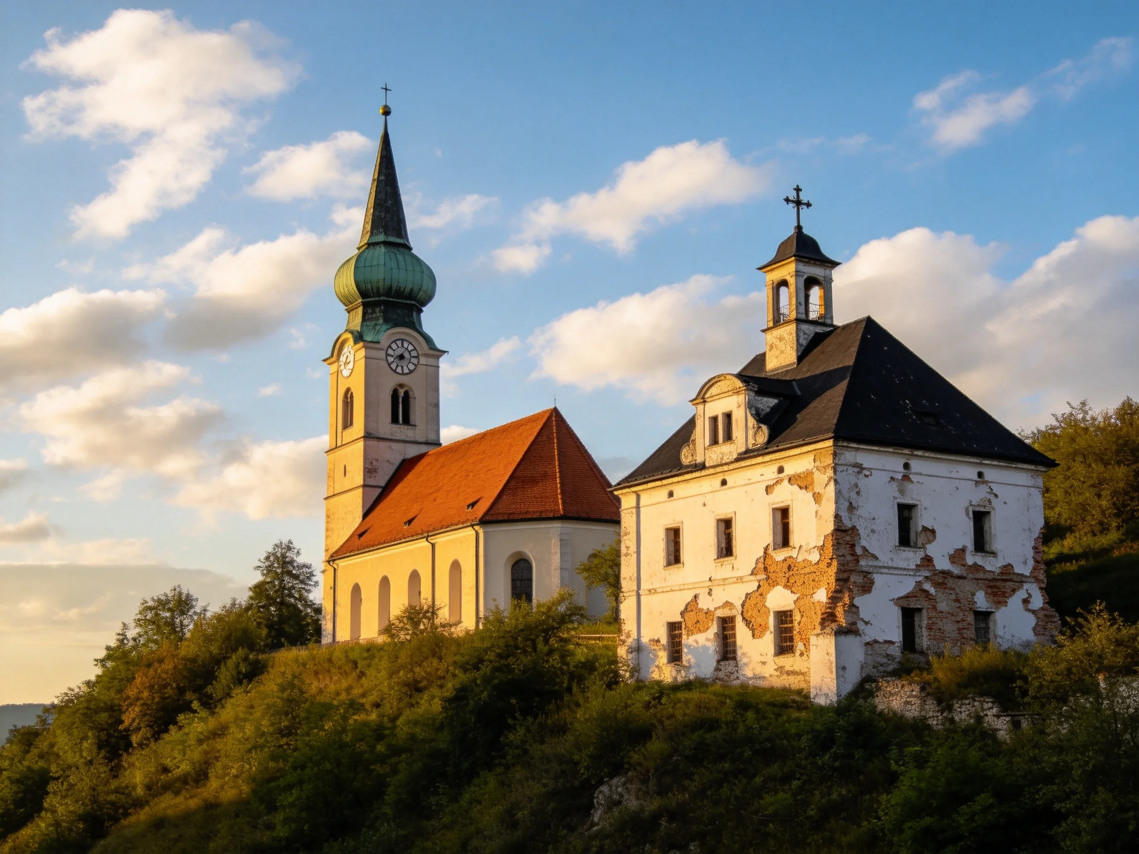 Two historic structures, including a church with a green tower, stand atop a lush hillside under gold