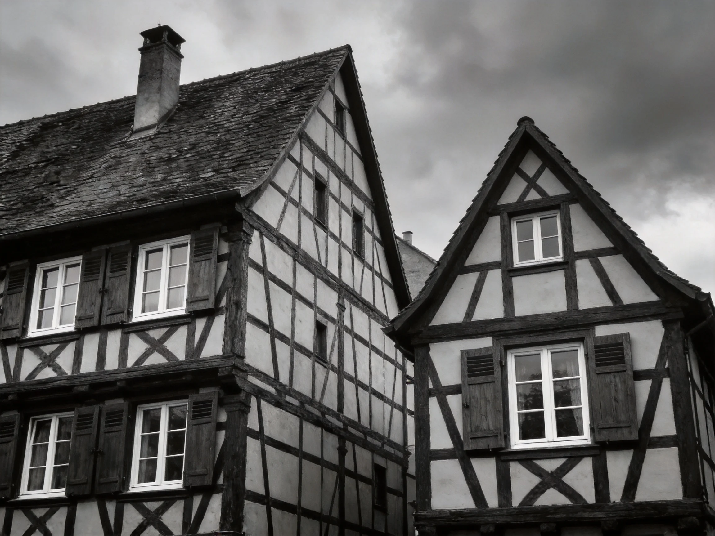 Two historic timber-framed buildings with exposed beams under overcast skies
