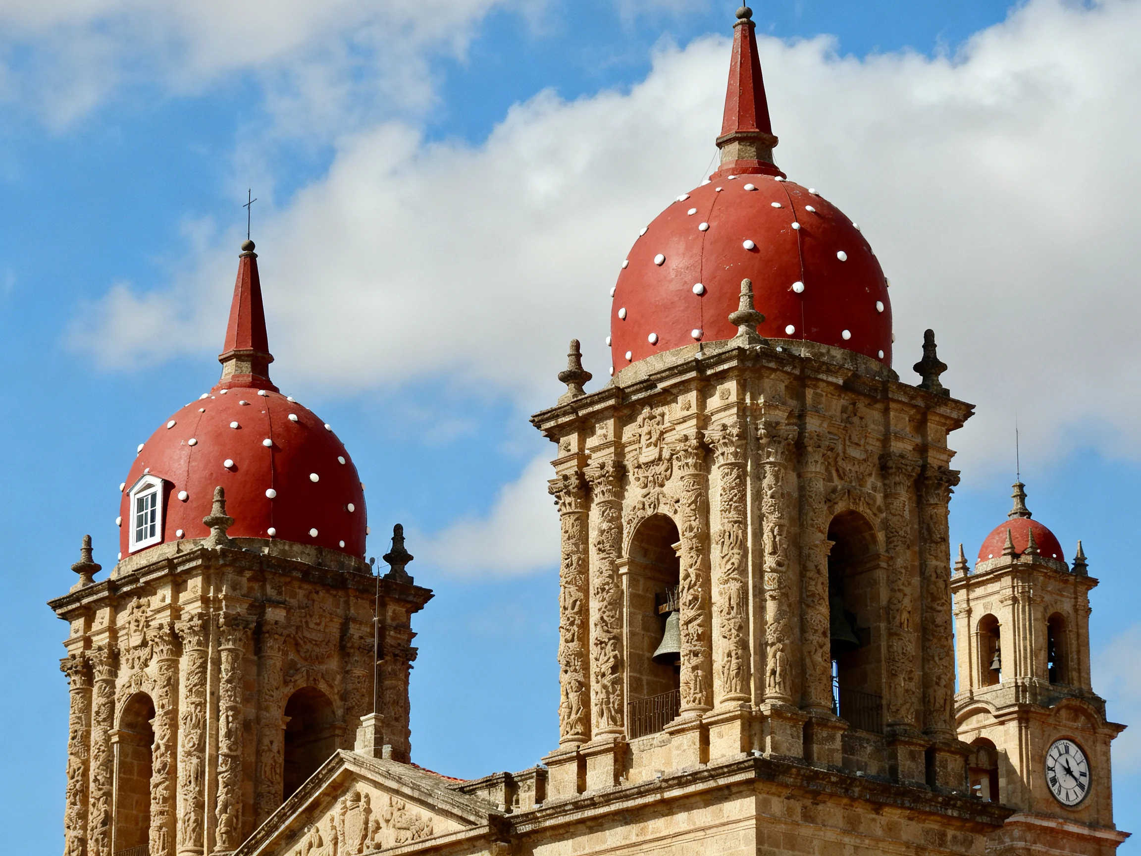 Two historic towers with red domes stand under a clear blue sky
