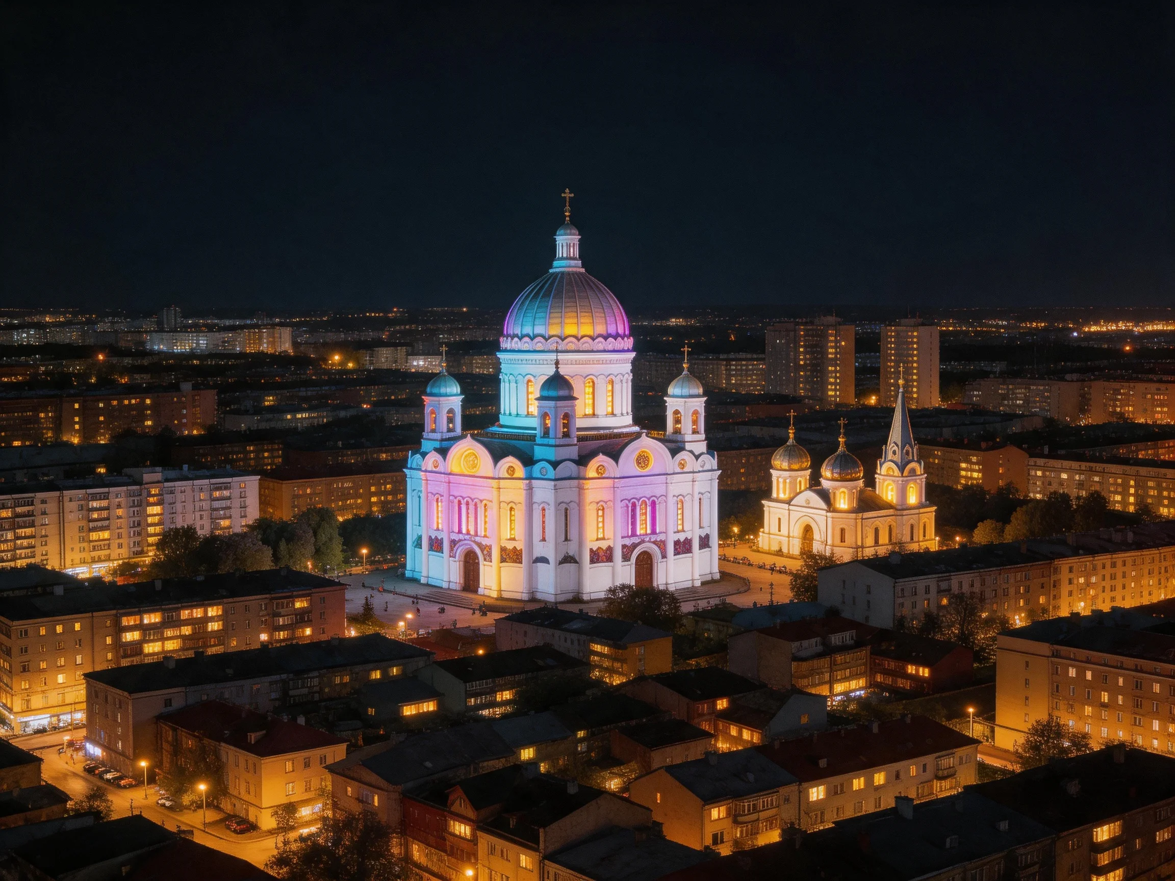 Two illuminated churches with colorful lighting in an urban night scene