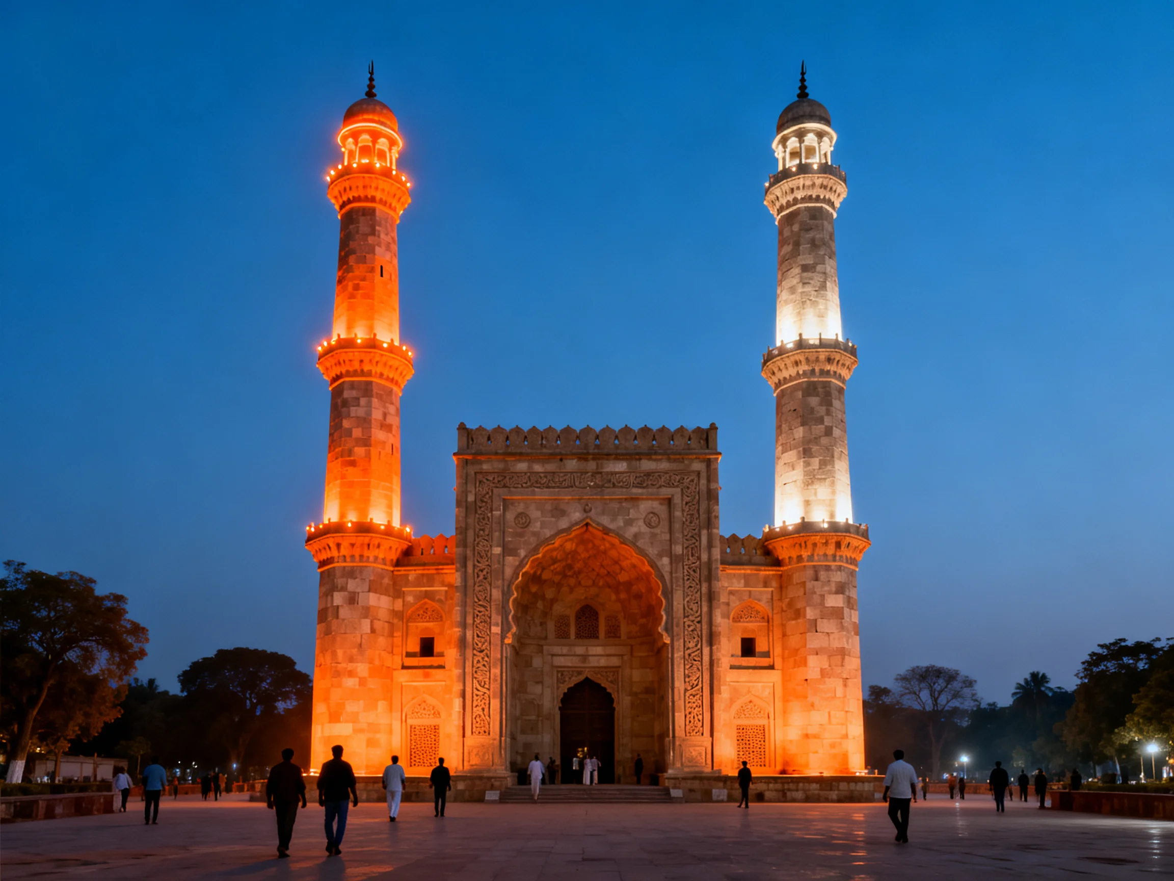 Two illuminated minarets frame an ornate historical mosque at dusk
