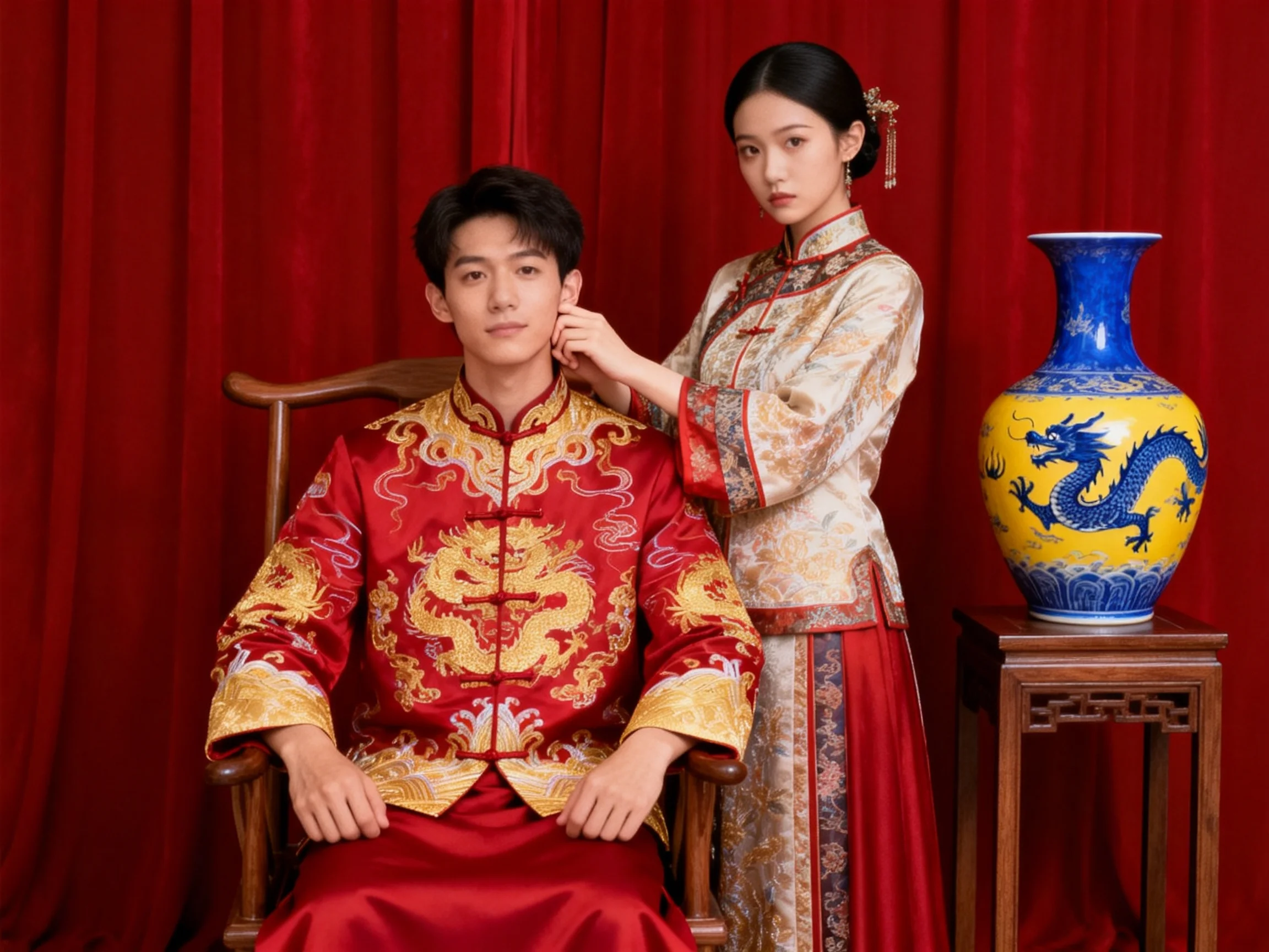 Two individuals in traditional Chinese wedding garments near red drapery and ornate vase