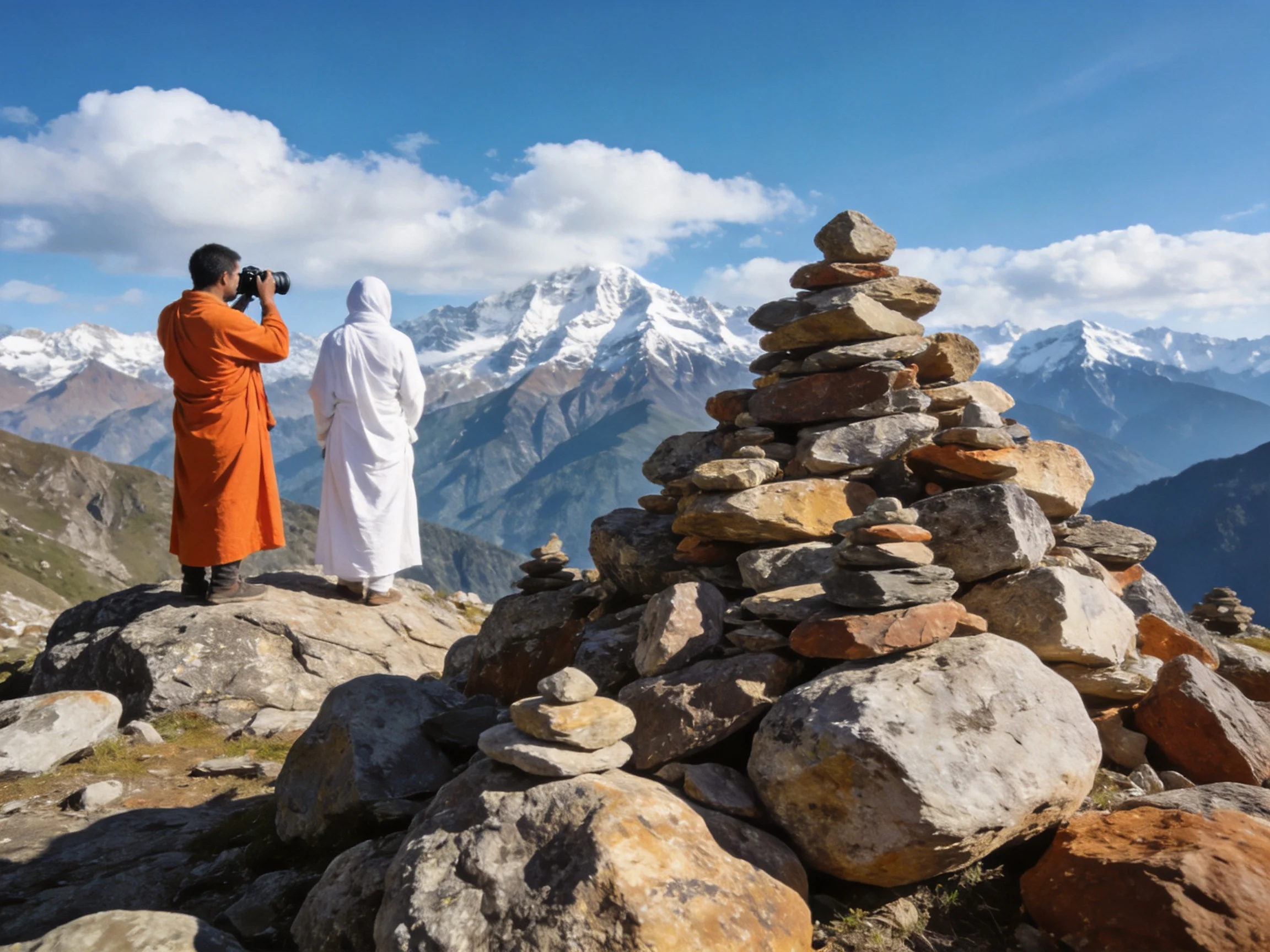 Two individuals near stackedstones admire snow - capped mountains
