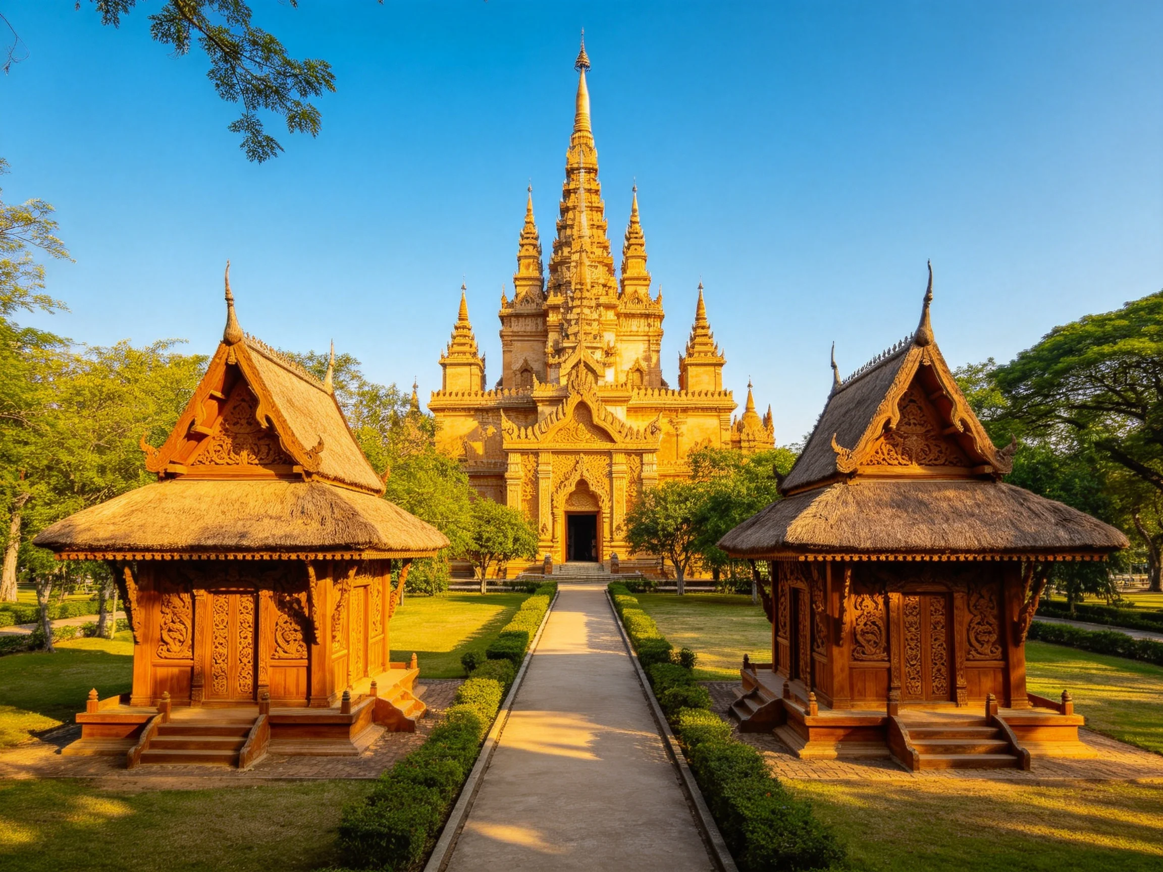 Two intricately carved huts flank a grand golden temple amidst lush greenery