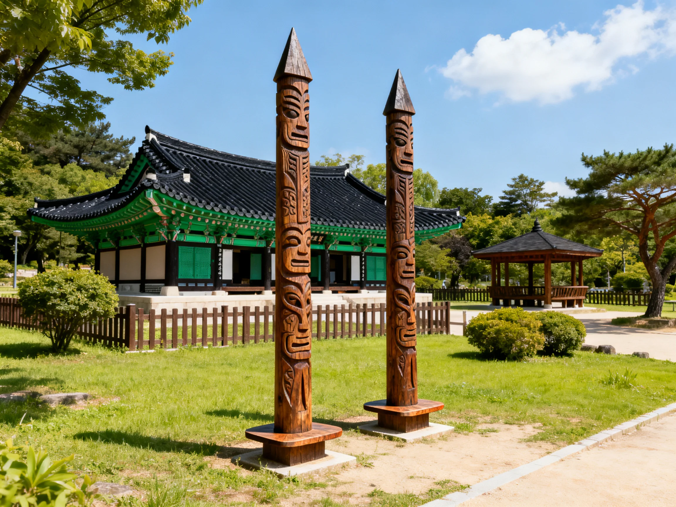 Two intricately carved wooden poles beside a green-trimmed traditional building