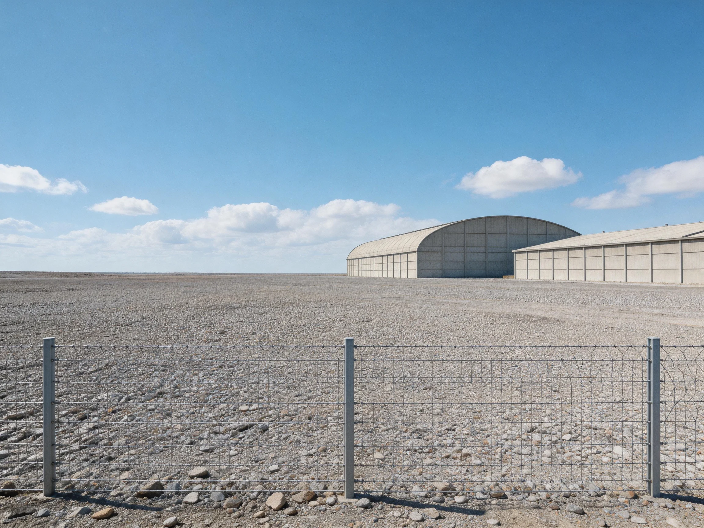 Two large gray hangars beside a wire fence on a rocky open field under clear blue sky