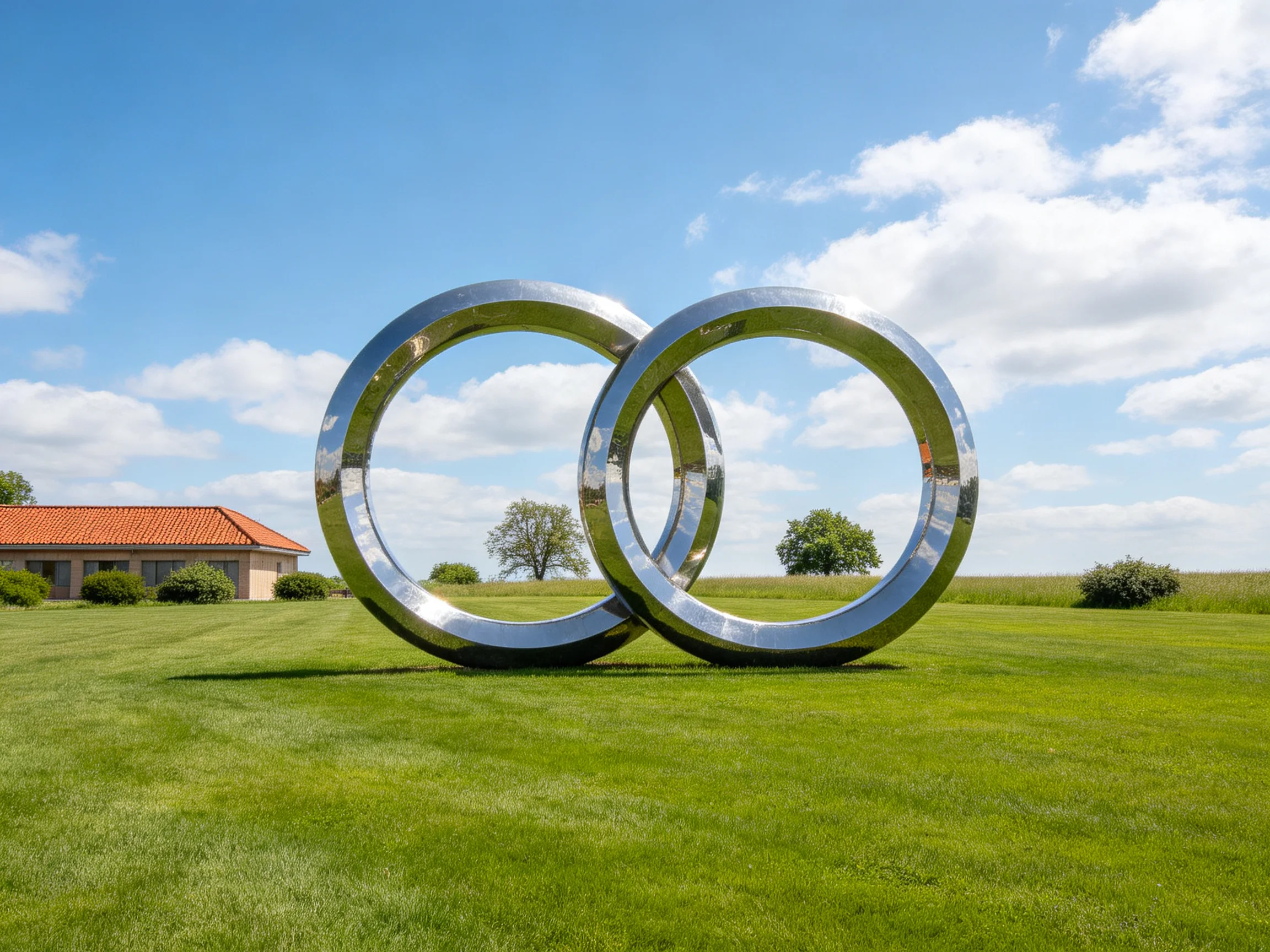 Two large silver interlocking rings on a green lawn