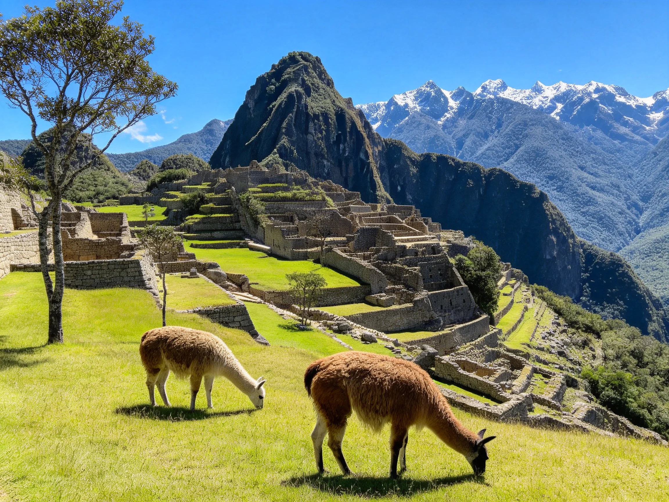 Two llamas graze near ancient Inca ruins with green hills and mountains