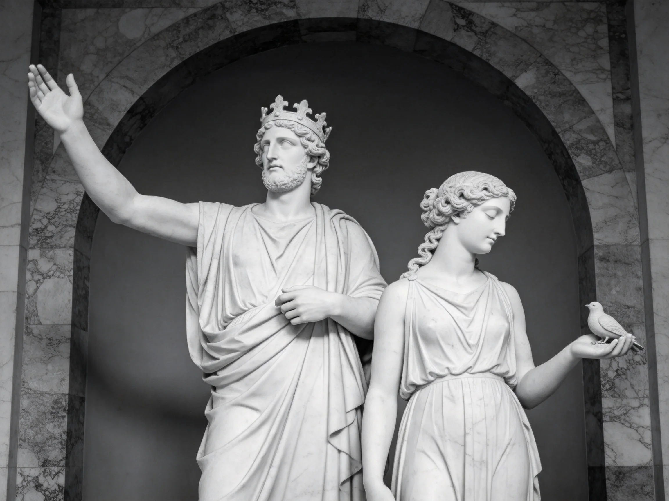 Two marble statues, one crowned, one holding a bird, in an arched architectural niche.