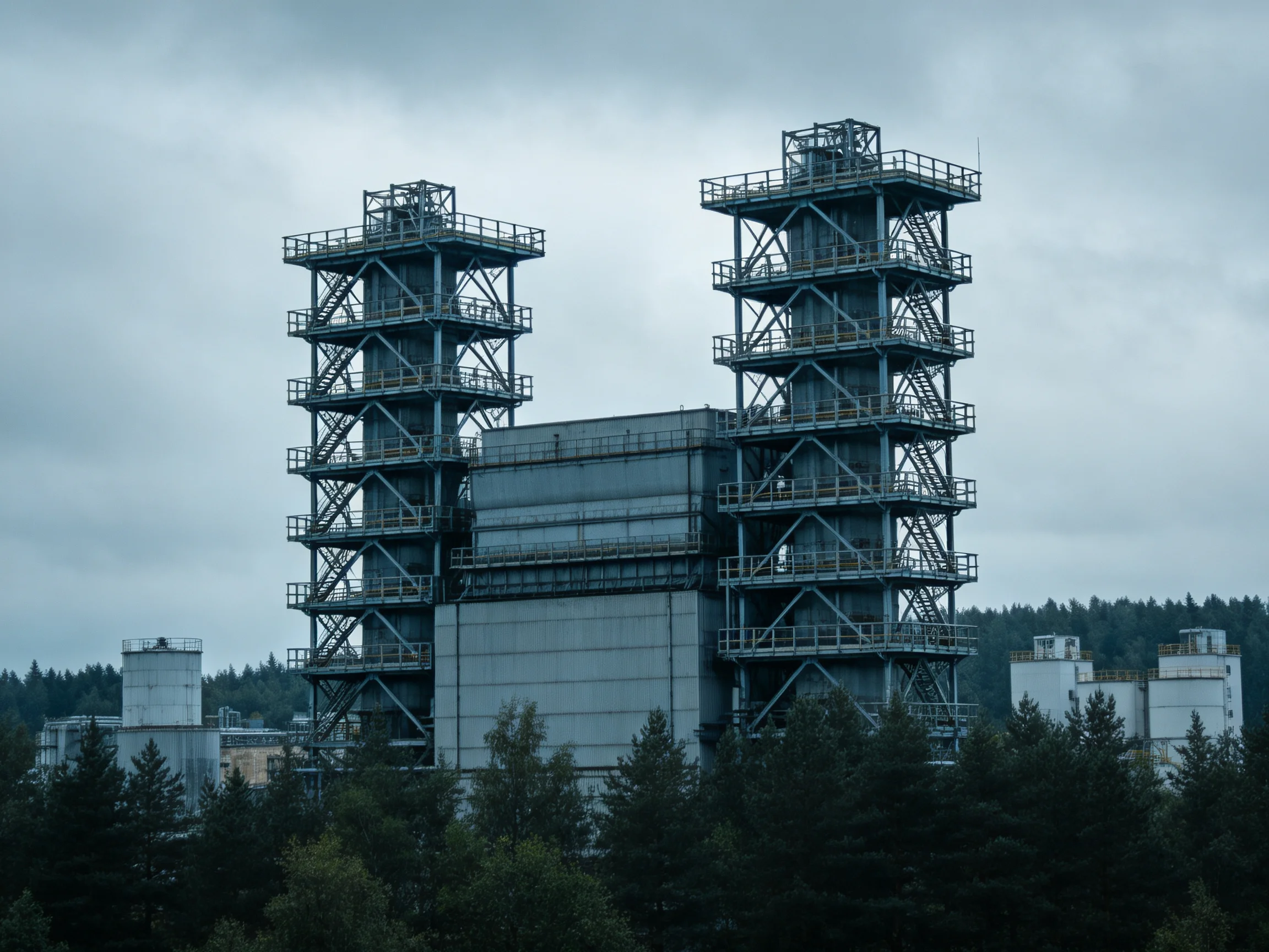 Two massive industrial towers with metal frameworks near forested area